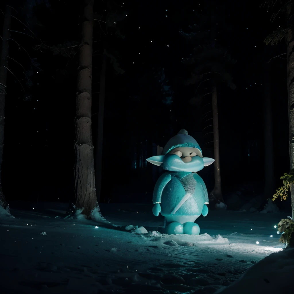 Elfo fatto di ghiaccio. In una foresta. Di notte.