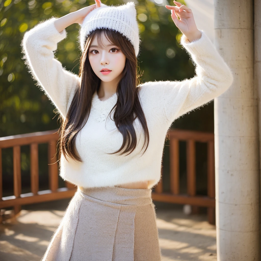 provocative pose (dim light, light eyes, long hair) fuzzy hat on head, white clothes kpop style skirt, and short white blouse with interlines 