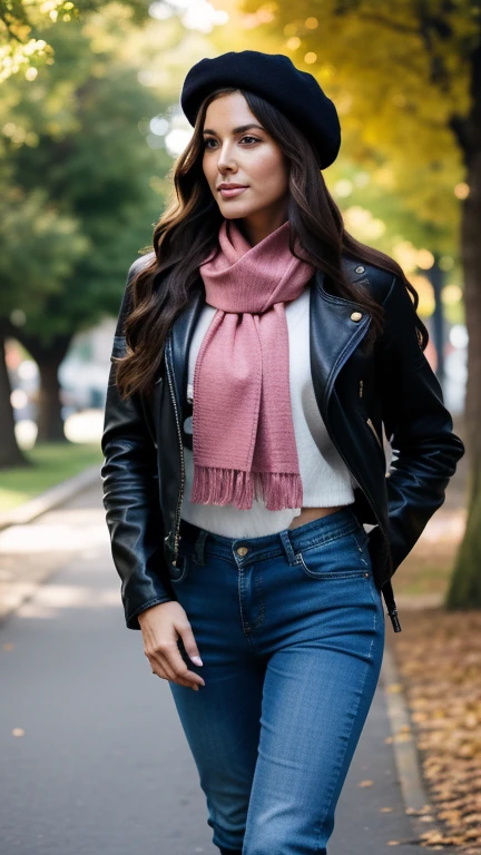 Mature woman wearing a biker jacket, black beret, pink scarf, denim trousers, riding boots, holding a leather backpack, while she is in a park, jaw-dropping beauty, attractive face and fitness body with rounded hips, long wavy hair, attractive woman, a gorgeous beautiful soft brown haired girl, lovely woman, gorgeous woman, gorgeous beautiful woman, beautiful female, beautiful body and face