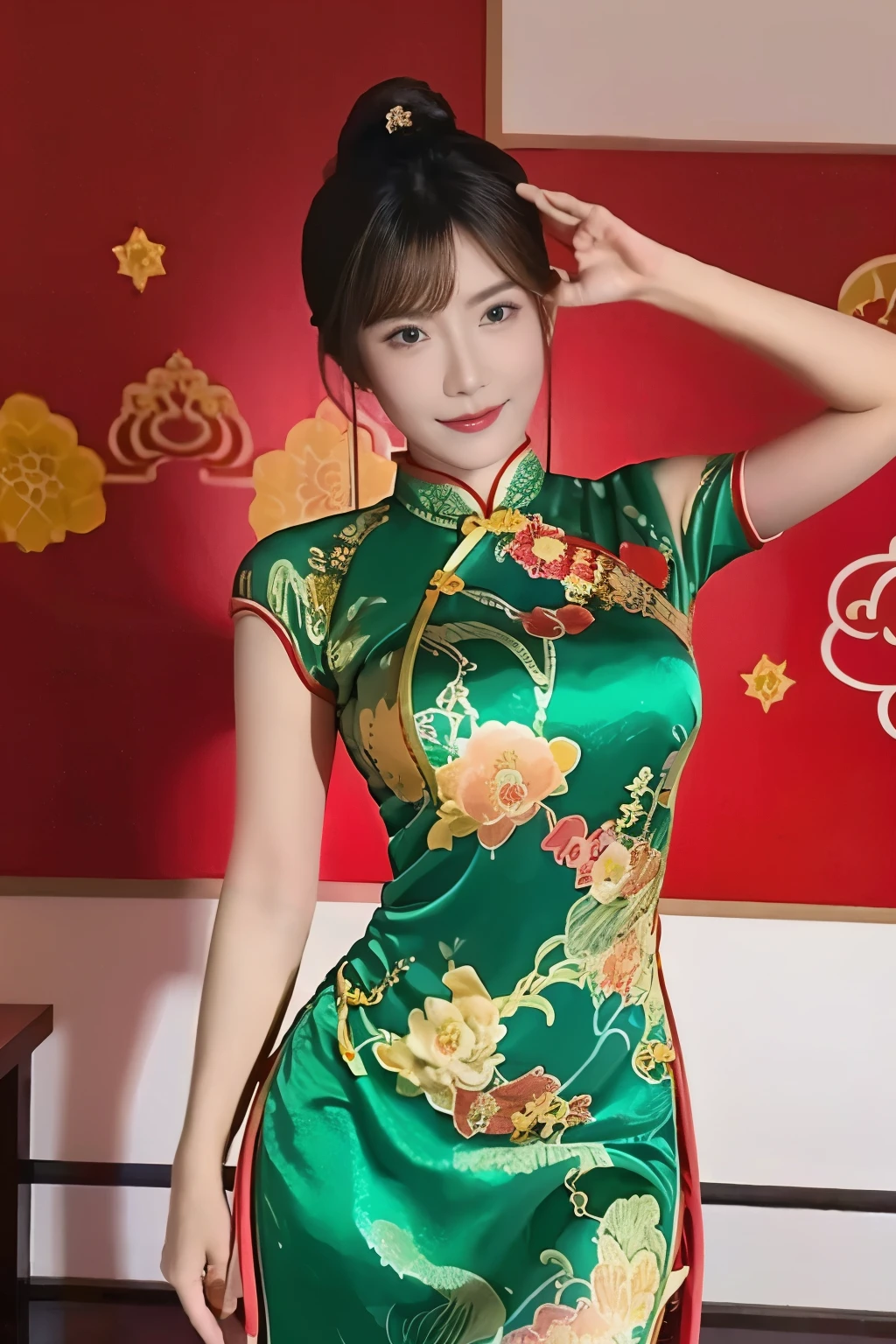 Asian woman wearing traditional cheongsam qipao dress with gesture of congratulation isolated on red wall.