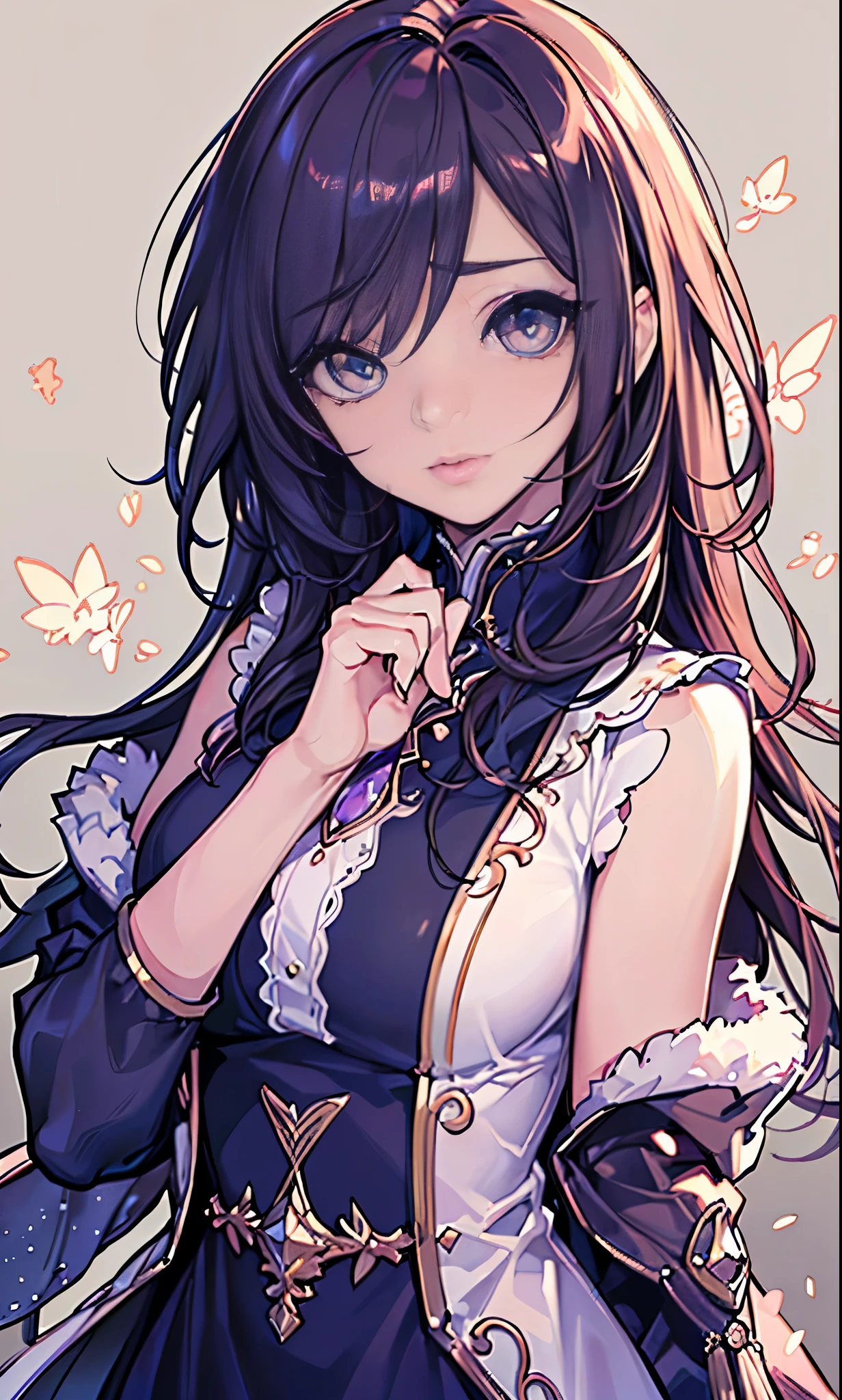 (highest quality,8K,cg,beautiful,Upper body details,lonely,thumb girl,taffeta coat dress,flower background,detailed facial features,flowing long hair,almond shaped eyes,Intricate eye makeup,long fluttering eyelashes,Big eyes and starry blinks,exquisite lip detail,soft and harmonious style)