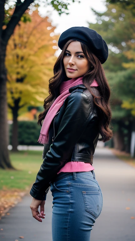 Mature woman wearing a biker jacket, black beret, pink scarf, denim trousers, riding boots, holding a leather backpack, while she is in a park, jaw-dropping beauty, attractive face and fitness body with rounded hips, long wavy hair, attractive woman, a gorgeous beautiful soft brown haired girl, lovely woman, gorgeous woman, gorgeous beautiful mature woman, beautiful female, beautiful body and face