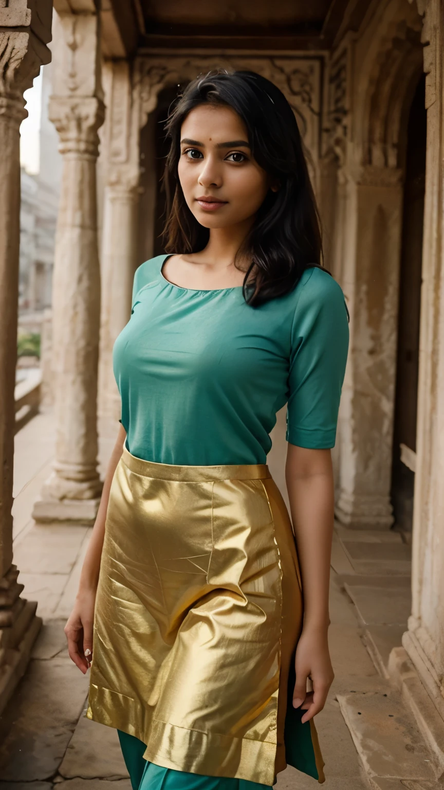 a south indian girl age 23 is an a instagram influencer she is standing on a ancient temple of india and photoshoot 1:4 Hyper realistic Black hair and facial expression is soo attractive she is the most ever beautifull girl i ever seenn in the world, she is wearing a kurta and photo shoot altra realistic photo quality the photo shoot in full frame camera and 85 mm lens slightly sun light on face like evening golden light moment
