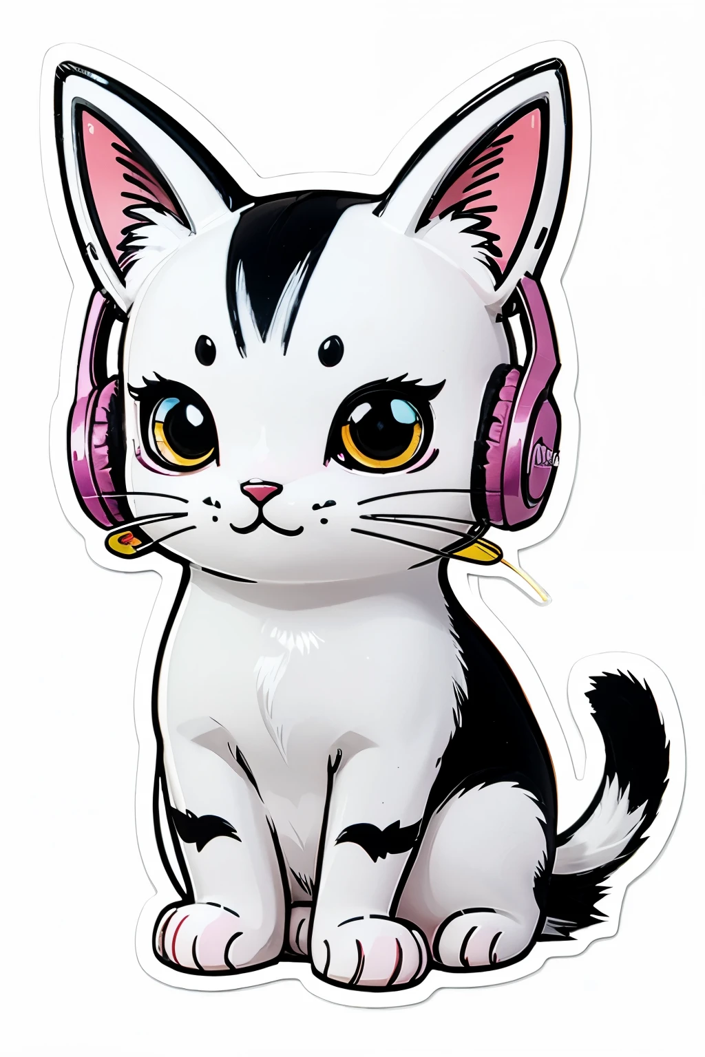 sticker, happy colorful cat wearing headphones,kawaii,contour,white background