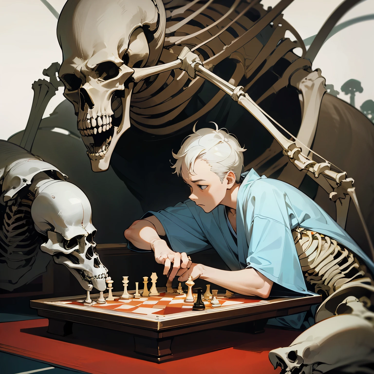 Katsuhiro Otomo, A E Marty, Surreal, mysterious, strange, fantastical, fantasy, sci-fi, Japanese anime, boy playing chess with a skeleton, detailed masterpiece