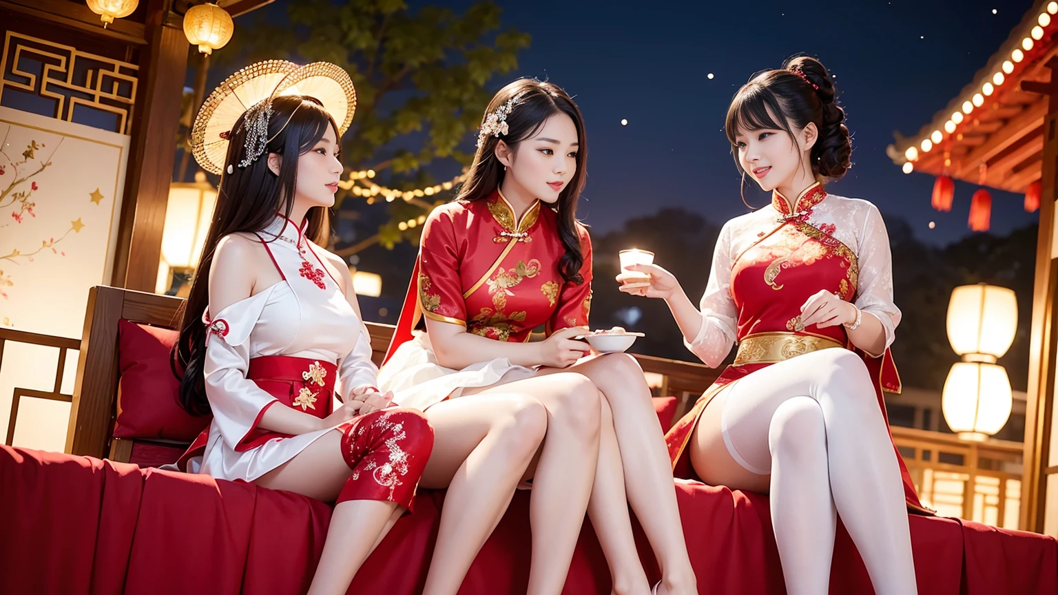 The beautiful women of China gather together, shining like the brightest stars in the night sky, illuminating their surroundings with their unique brilliance and blending into the festive atmosphere of the Spring Festival. They are dressed in exquisite and elegant white silk stockings and red skirts