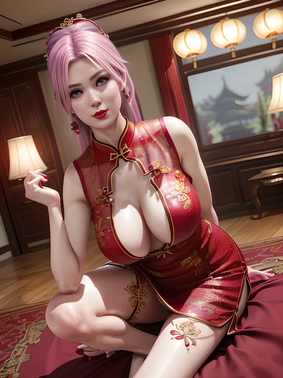 1girl,Elise,Relax,(Wearing Chinese cheongsam:1.4),(In the bridal chamber), (sexy model pose:1.2),jewelry,grace,(((red-lips))), slightly parted lips, lewd smile,  clavicle,(huge breasts),Charming cleavage,((8k, RAW photos, top quality, masterpieces), high-definition RAW color photos professional close-up photos, (realistic, photorealism: 1.37), (highest quality), (best shadows),  ((erotic, sexy, ultra high resolution, high-definition CG unified 8K wallpapers, physically based rendering, movie lighting),solo,