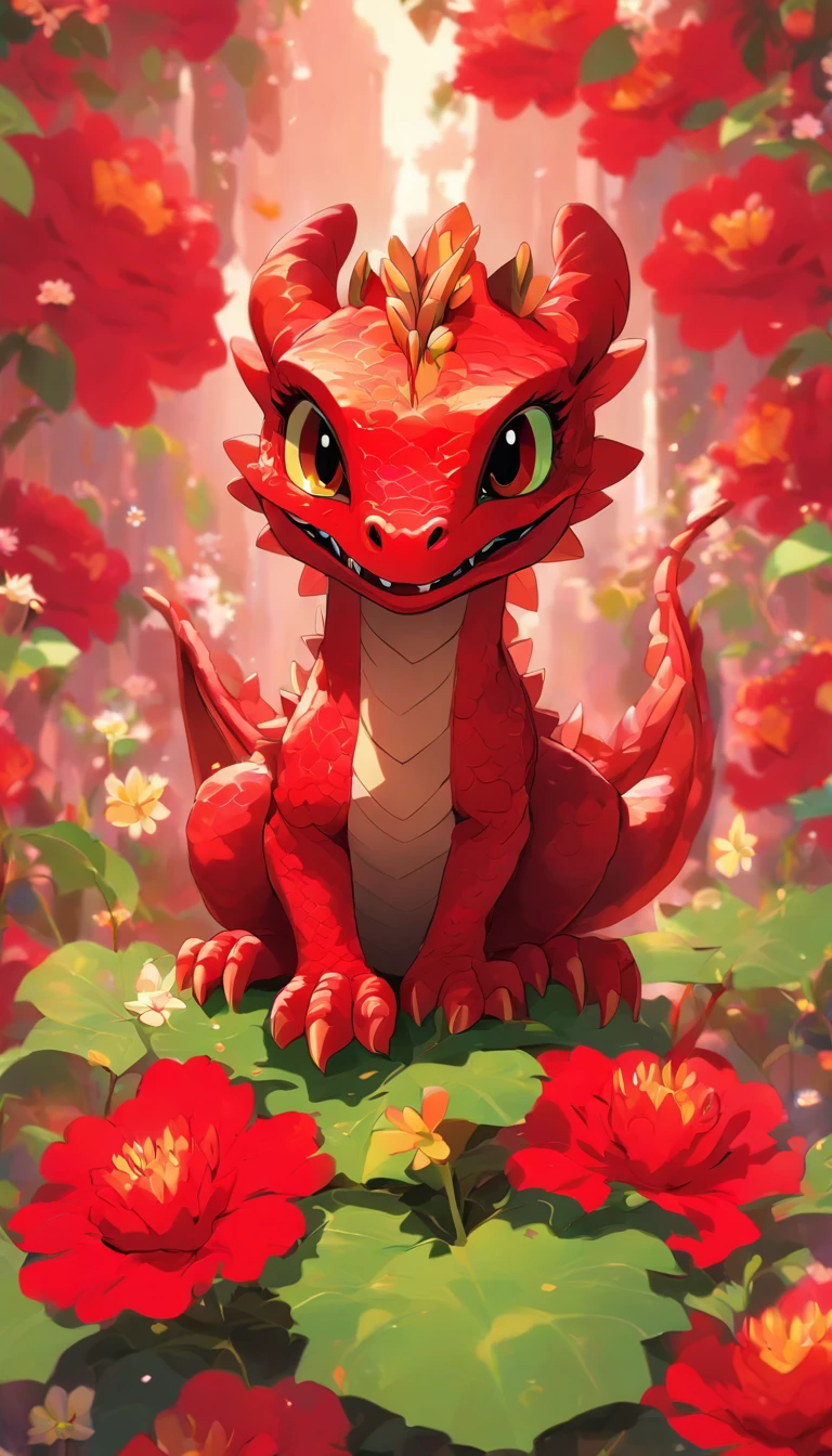 Nature's baby dragon, flowers growing from behind, hand, horn, wing,nature backdrop, Red,Sky,Piranha