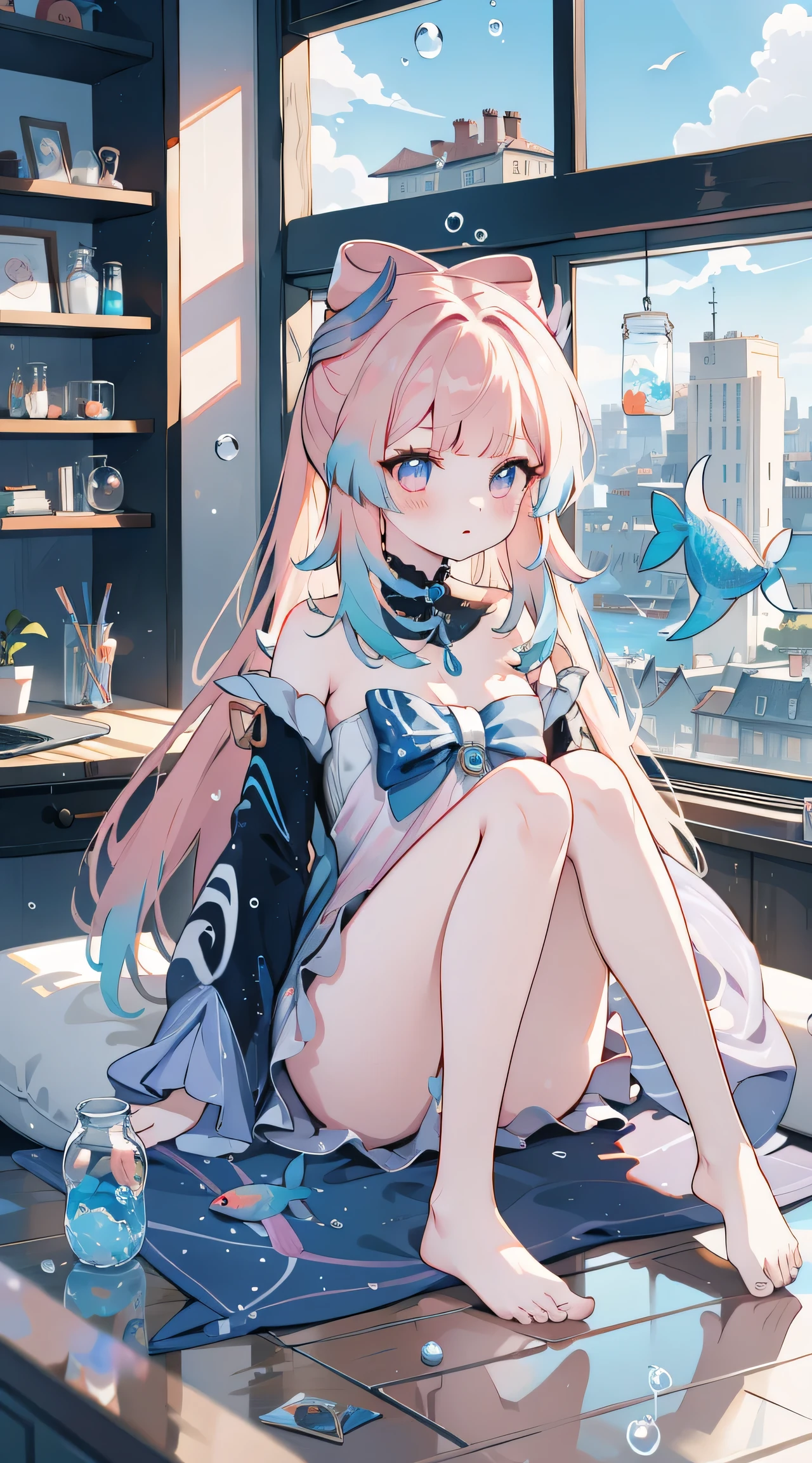 （（（（（（inside jar））））））、one-girl, ((full bodyesbian)), Wendi (genshin impact), Gradient hair, ((((Packed in jars))))、adolable、最small, small, A piece of, longer sleeves, sitted, Barefoot, Indoors, Bareleged, desks, Knees, desk work, (The fish, airbubble, under the water, airbubble),
