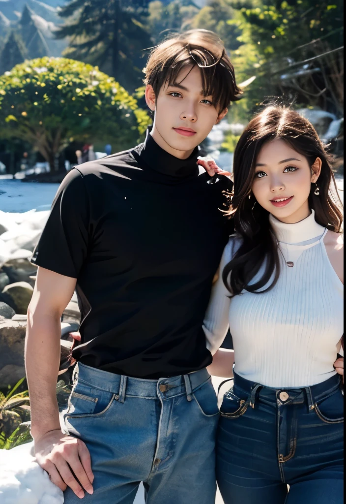 couple，1 girl，1 boy，different hair colors，long golden hair，wavy hair，no bangs，gray eyes。Turtleneck and jeans。short black hair，wavy and（green eyes），Black T-shirt and jeans，Different heights，Eyes for details，Face，hand。They look at the audience。they embrace。They are near the pine trees with snow。full image。Background snow forest