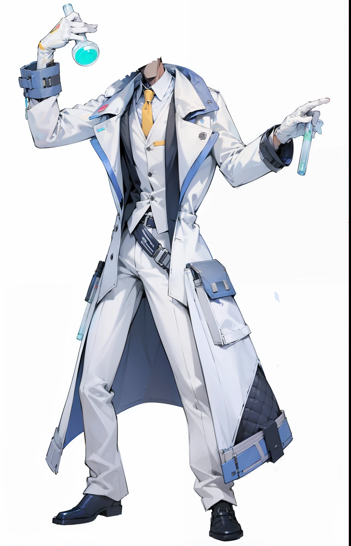 Hands holding test tubes and bottles,Wearing a white trench coat,Wearing a suit inside,cyberpunk belt,