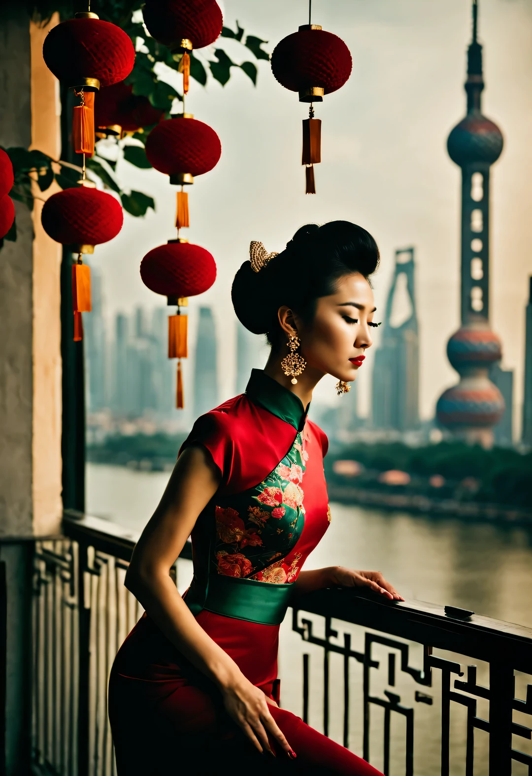 （In the 1940s, a fashionable Shanghai beauty wearing a Chinese cheongsam stood with her face facing the wall and her whole body meditating.），（Slender and graceful figure from the side of the whole body）），Beautiful decadent temperament，（Fashionable high bun in Shanghai during the period），，（Looks like actress Maggie Cheung），The image is influenced by the style of the 1950s，（Wong Kar-wai""），Her whole body is a combination of dark red and dark green，She is a sexy and intellectual beauty，retro style photos，The eyes are like silk，This photo has a retro color aesthetic，In the summer，The beautiful and luxurious night Shanghai background and the clever combination of light and shadow，and narrative shooting techniques，The woman in the photo is wearing a cheongsam with a high collar，Very similar to the beautiful girl Maggie Cheung，The pattern of Chinese cheongsam is Suzhou embroidery hand-carved with roses，Earrings to express your personality，Shoes and bags match the overall design，The style of this photo is similar to Hermè&#39;s，