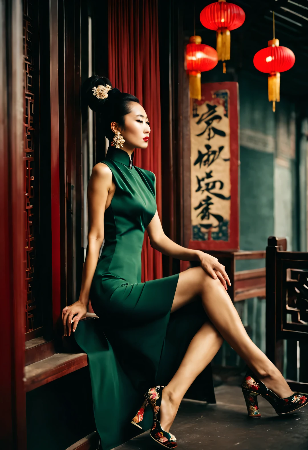 （In the 1940s, a fashionable Shanghai beauty wearing a Chinese cheongsam stood with her face facing the wall and her whole body meditating.），（Slender and graceful figure from the side of the whole body）），Beautiful decadent temperament，（Fashionable high bun in Shanghai during the period），，（Looks like actress Maggie Cheung），The image is influenced by the style of the 1950s，（Wong Kar-wai""），Her whole body is a combination of dark red and dark green，She is a sexy and intellectual beauty，retro style photos，The eyes are like silk，This photo has a retro color aesthetic，In the summer，The beautiful and luxurious night Shanghai background and the clever combination of light and shadow，and narrative shooting techniques，The woman in the photo is wearing a cheongsam with a high collar，Very similar to the beautiful girl Maggie Cheung，The pattern of Chinese cheongsam is Suzhou embroidery hand-carved with roses，Earrings to express your personality，Shoes and bags match the overall design，The style of this photo is similar to Hermè&#39;s，