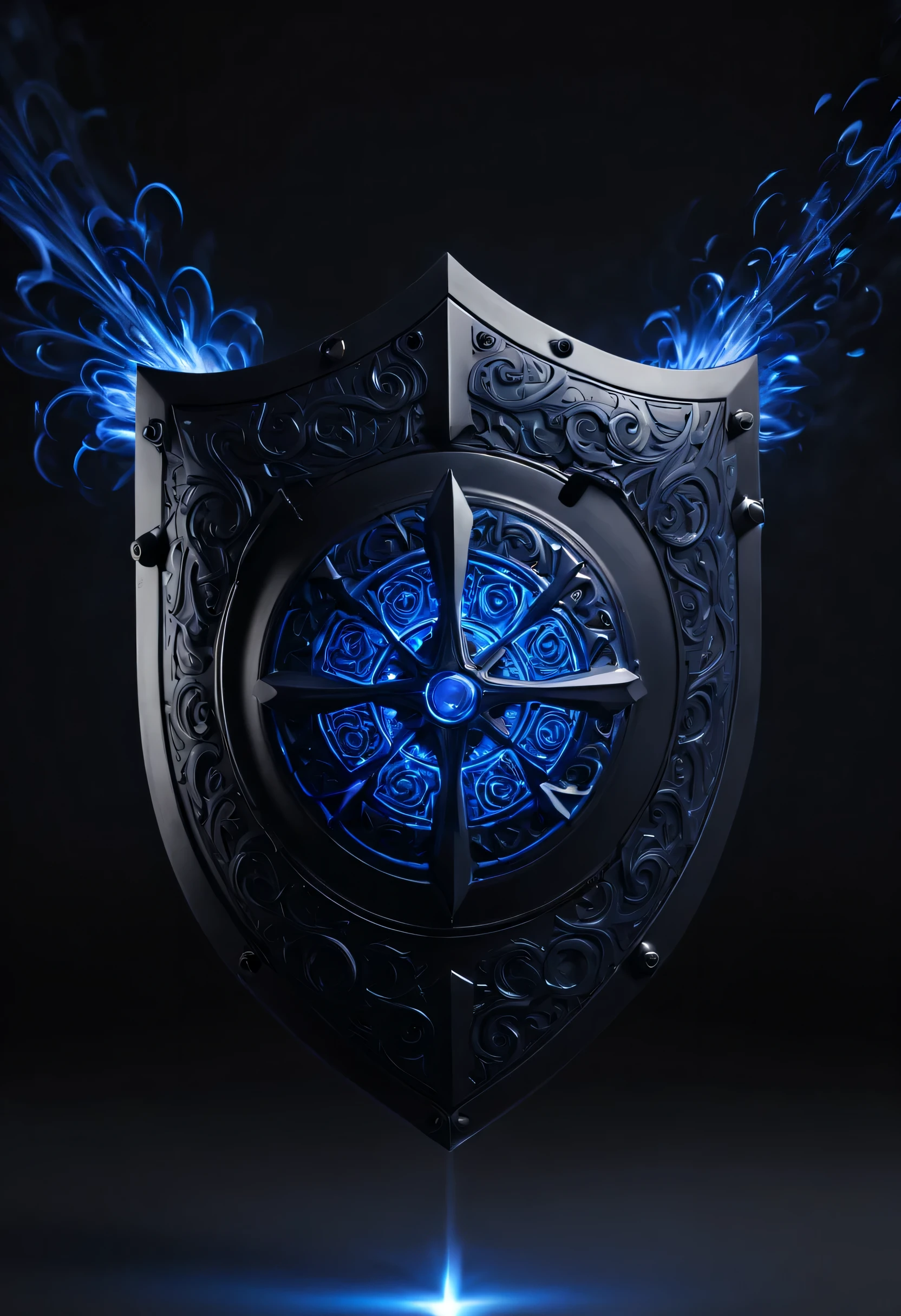 SF matte black shield, Automatically fires lasers at enemies and burns them down, Automatically gives a flashbang effect when ready, (with a complex design、The pattern shines in navy blue。:1.3, All patterns glow dark blue:1.3, The pattern shines)