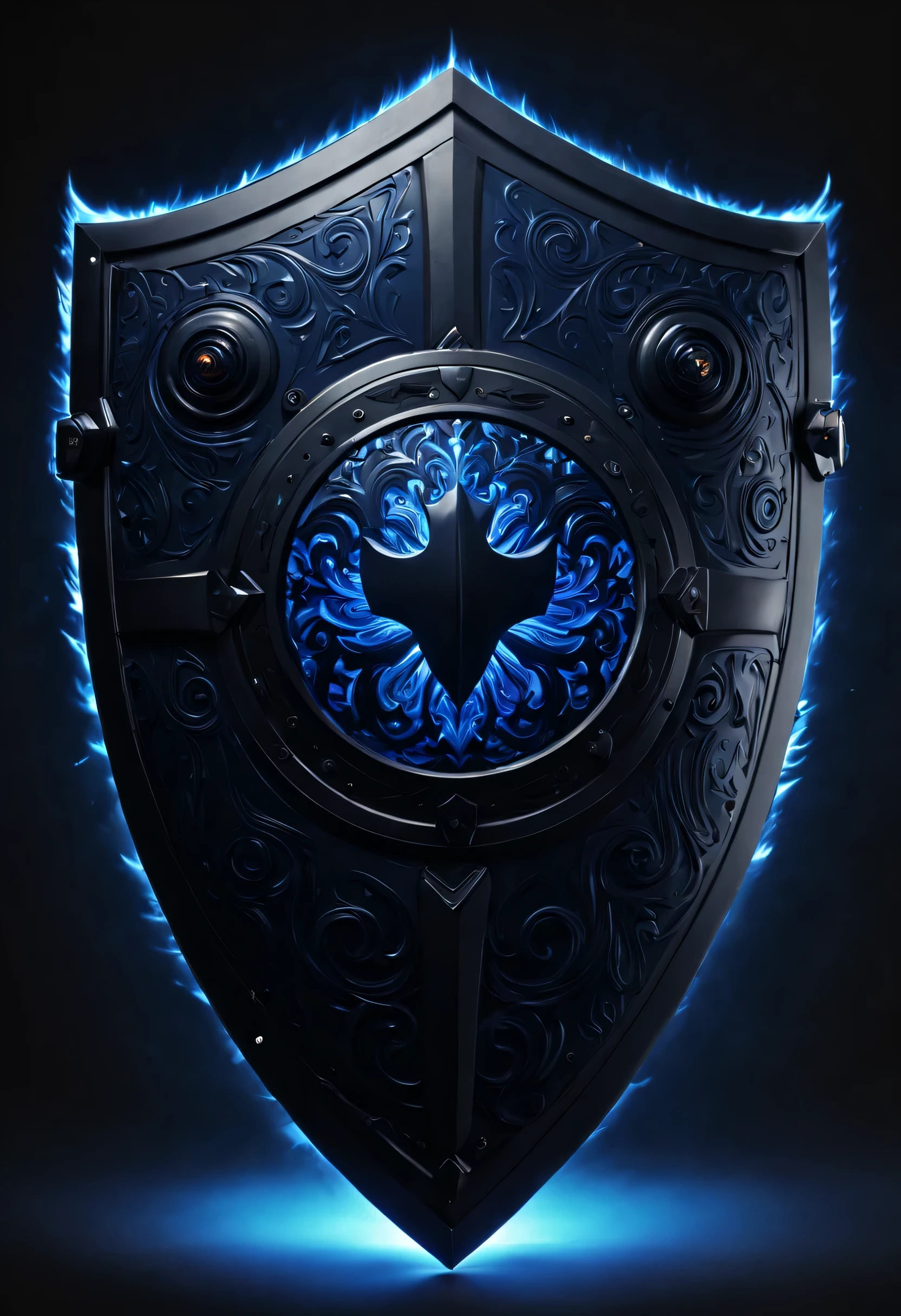 SF matte black shield, Automatically fires lasers at enemies and burns them down, Automatically gives a flashbang effect when ready, (with a complex design、The pattern shines in navy blue。:1.3, All patterns glow dark blue:1.3, The pattern shines), (masterpiece), (highest quality), (Ultra high detail)