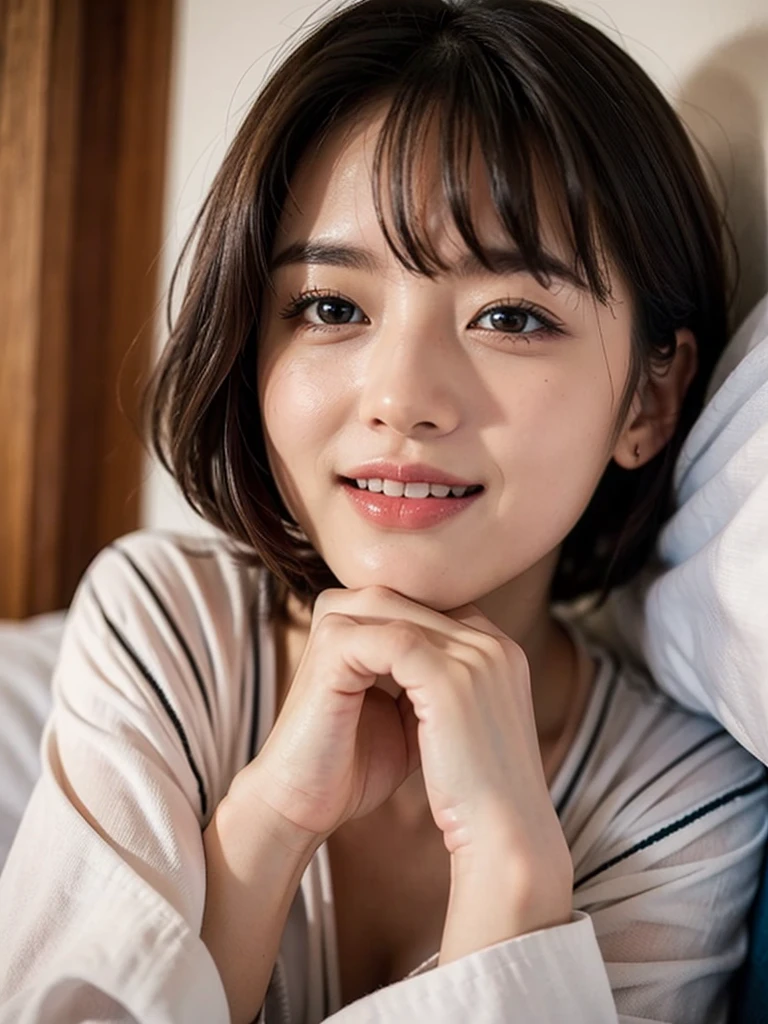 ((Best quality, 8k, Masterpiece :1.3)), 1girl,nude,bed,Pretty woman with slender, Super Short Hair,Big Laugh,Long Sleeve,Ultra-detailed face, cute eyes, Double eyelid,Cowboy Shot,Lying Down