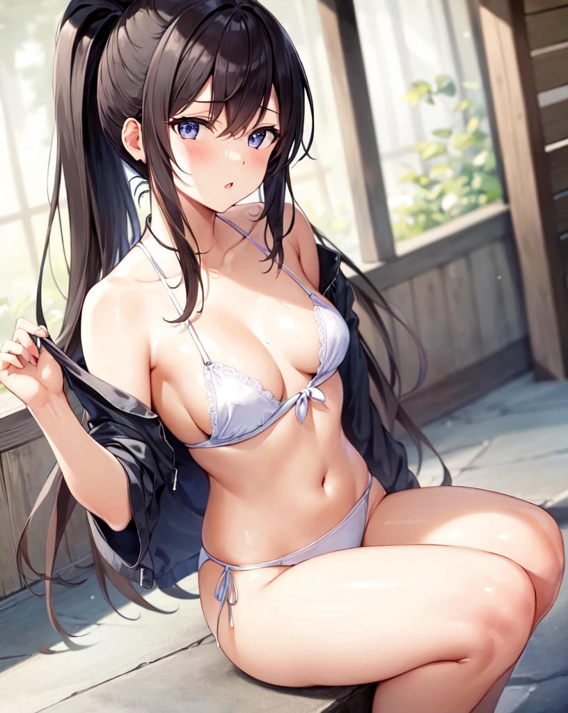 (((masterpiece))), Shizuka Mikazuki, 1 girl, ponytail, black hair, small breasts, Ahegao, play sports often,SEX,Shaved,Creampie