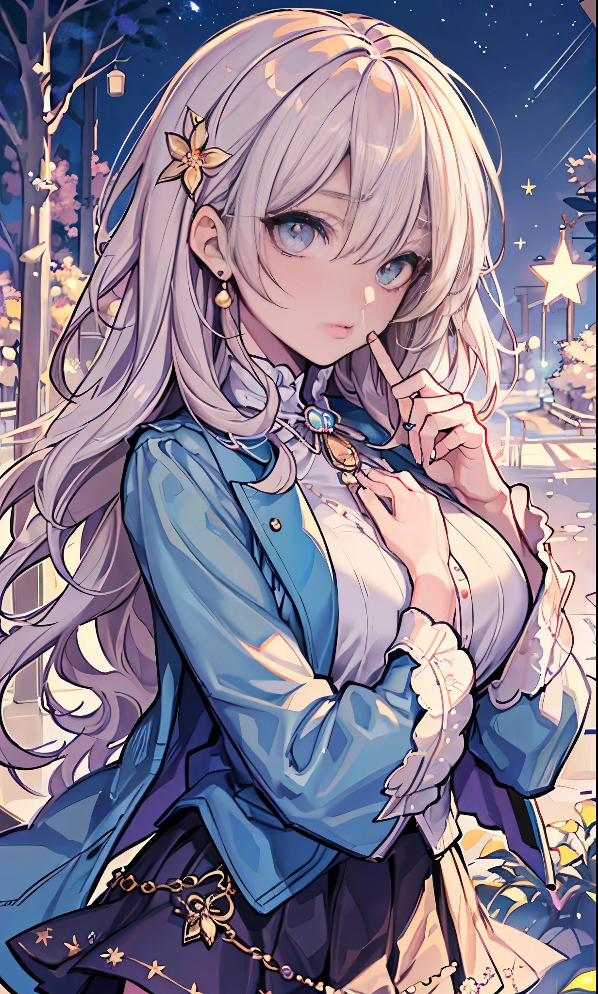 (highest quality,8K,cg),Upper body details,lonely girl,flower forest background,Complex facial features,elegant long curly hair,large almond shaped eyes,detailed eye makeup,long eyelashes,twinkling stars,exquisite lip detail,soft and harmonious style, mini skirt,