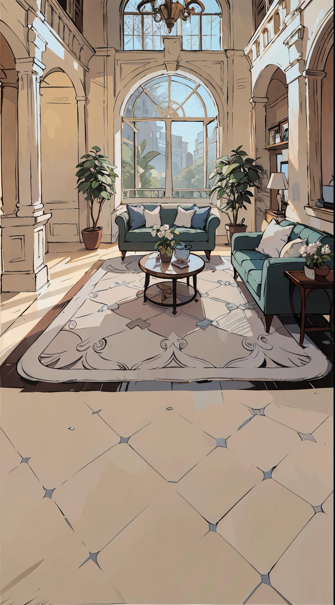 villa,Floor-to-ceiling windows,There are woods outside the window,white tile floor,Black tile inlay,white plaster pillars,White plaster wall,gold trim