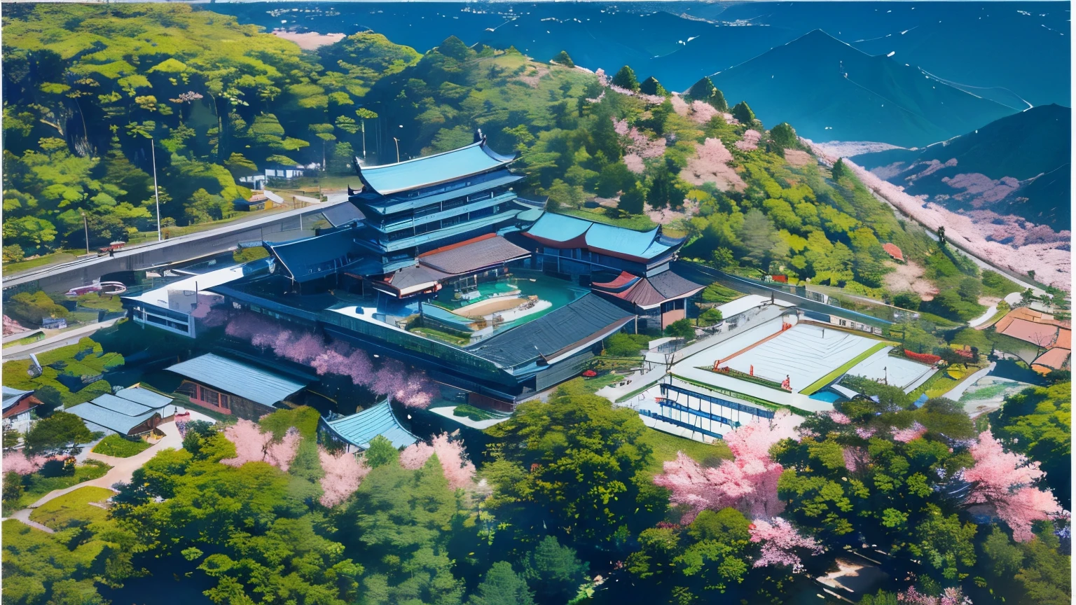 Aerial view of Chasan Mountain of a building surrounded by trees and roads, from above, (visually stunning, from above, from above, photo taken from above, Academy, Guangjian, taken from above, top - view, taken from drone, shot from above, hotel, a small number of cherry blossoms,