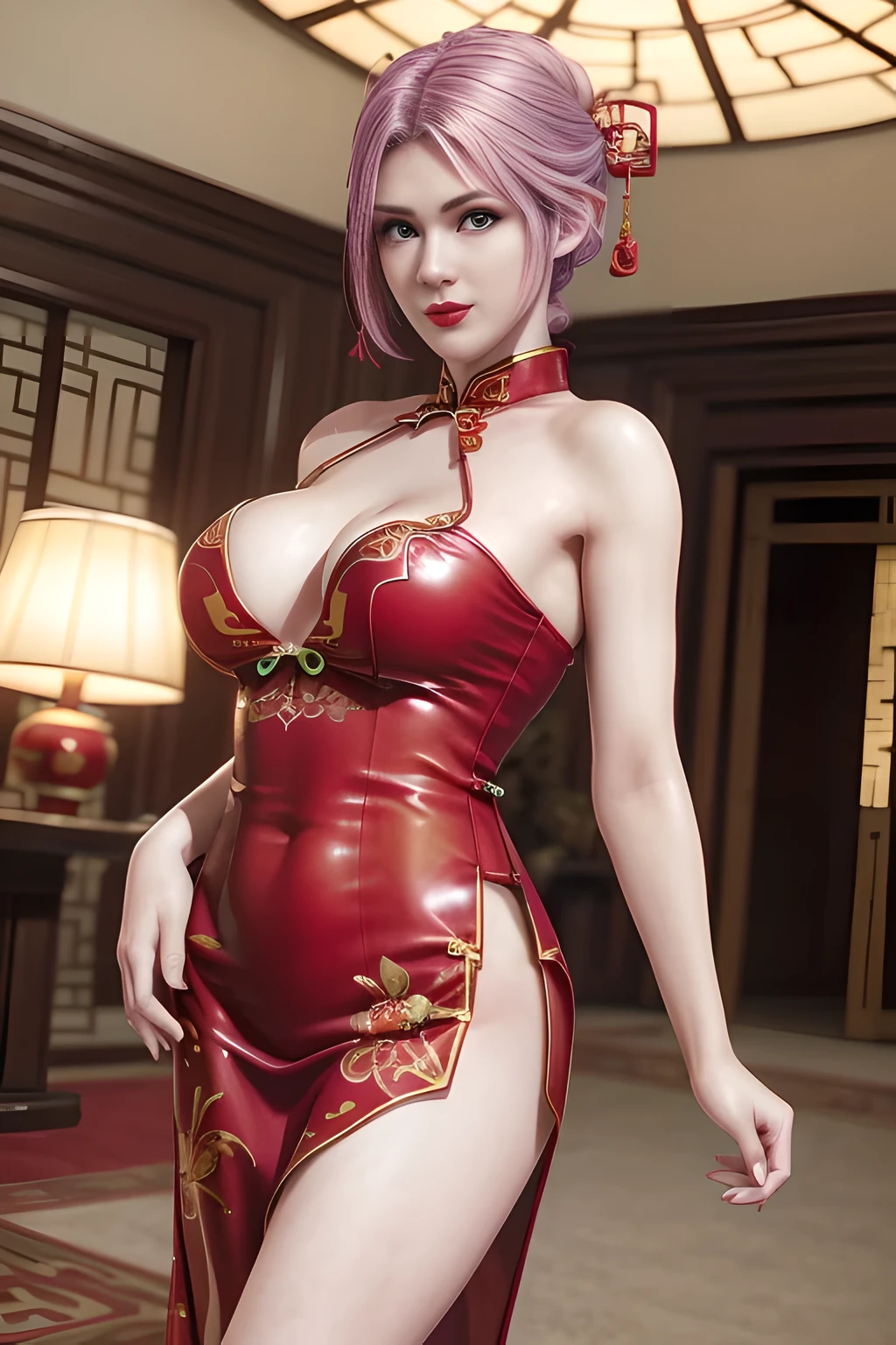 1girl,Elise,Relax,(Wearing Chinese cheongsam:1.4),(In the bridal chamber), (standing,sexy model pose:1.2),jewelry,grace,(((red-lips))), slightly parted lips, lewd smile,  clavicle,(huge breasts),Charming cleavage,((8k, RAW photos, top quality, masterpieces), high-definition RAW color photos professional close-up photos, (realistic, photorealism: 1.37), (highest quality), (best shadows),  ((erotic, sexy, ultra high resolution, high-definition CG unified 8K wallpapers, physically based rendering, movie lighting),solo,