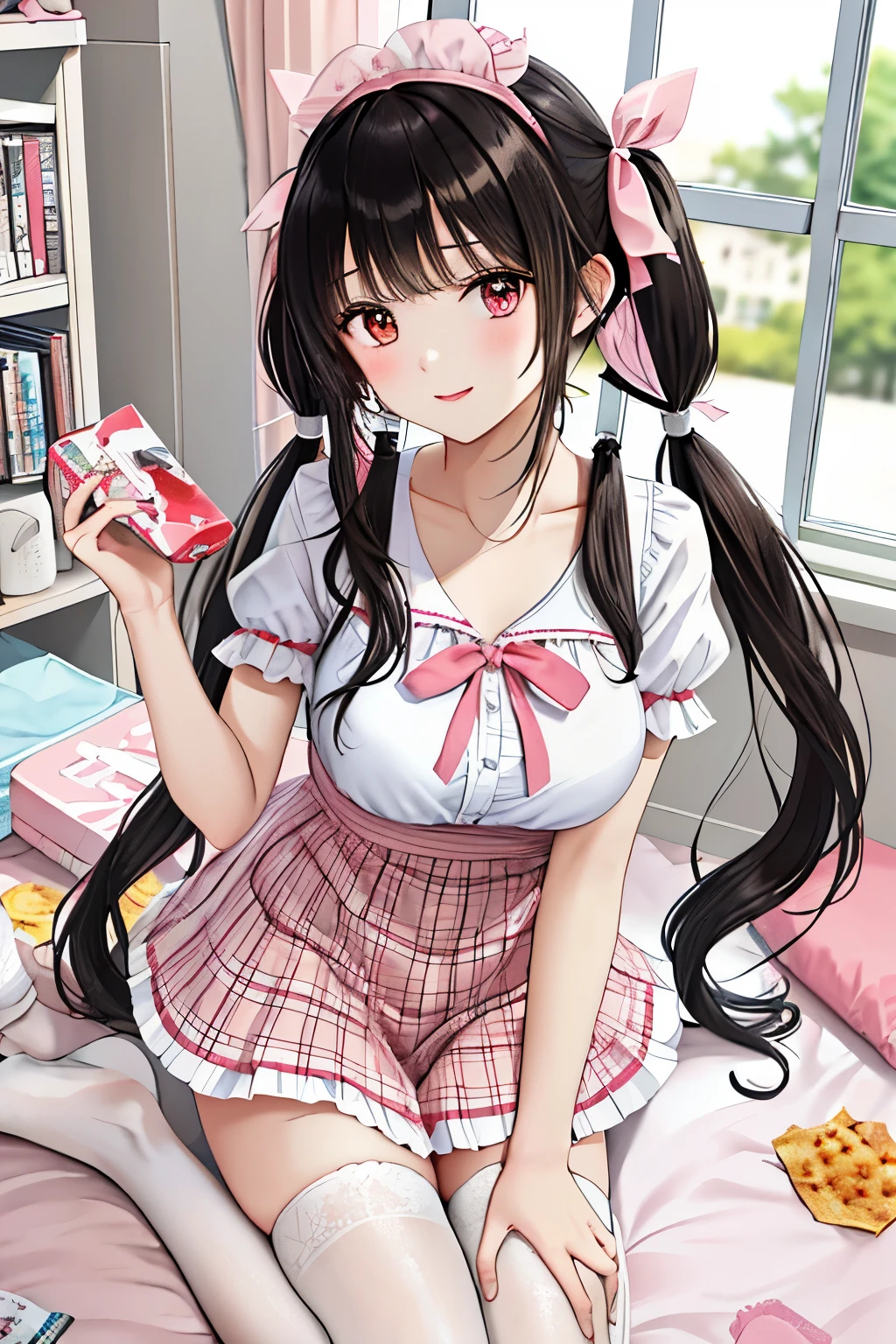 masterpiece,best quality,(solo:1.3),1girl,(tareme:1.2),(full body:1.2),standing,leaning forward,bent over,(low-tied_long_hair:1.3),(low twintails:1.2), dress, ribbons,hair ribbon,very  long hair,hair ornament,hair flower, smile, looking at viewer, pink headwear,red eyes,symbol-shaped pupils, short sleeves, puffy sleeves, bangs,  blush, blunt bangs, puffy short sleeves, jewelry, ribbon, plaid dress, makeup,eyelashes, necklace, wavy hair,(white thighhighs,thighs:1.2),(large breasts:1.2),indoors, messy room, window,sweet,girls's room,pink theme,painting \(medium\),teddy bear, stuffed toy, loaded interior,bedroom,(((otaku room))),trash bags,plastic bags,cola,chips_(food),juice box, books,
