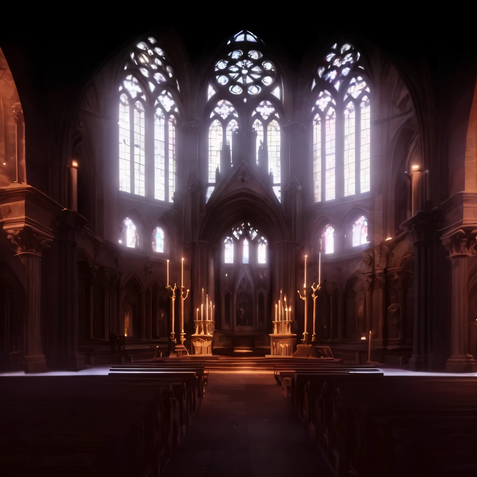 cathedral, More churches, stained glass windows, More stained glass, Geometric decoration, serious, medieval mythology, Faint candlelight, more candles, luminous refraction, Glass perspective, center facing, luxurious, ancient roman decoration, Gothic decoration of church interior,Complete with Roman columns, domes, carved roman column, podium, dark symmetry, traditional church layout, Architectural symmetry, Medium size arranged left and right, majestic and broad