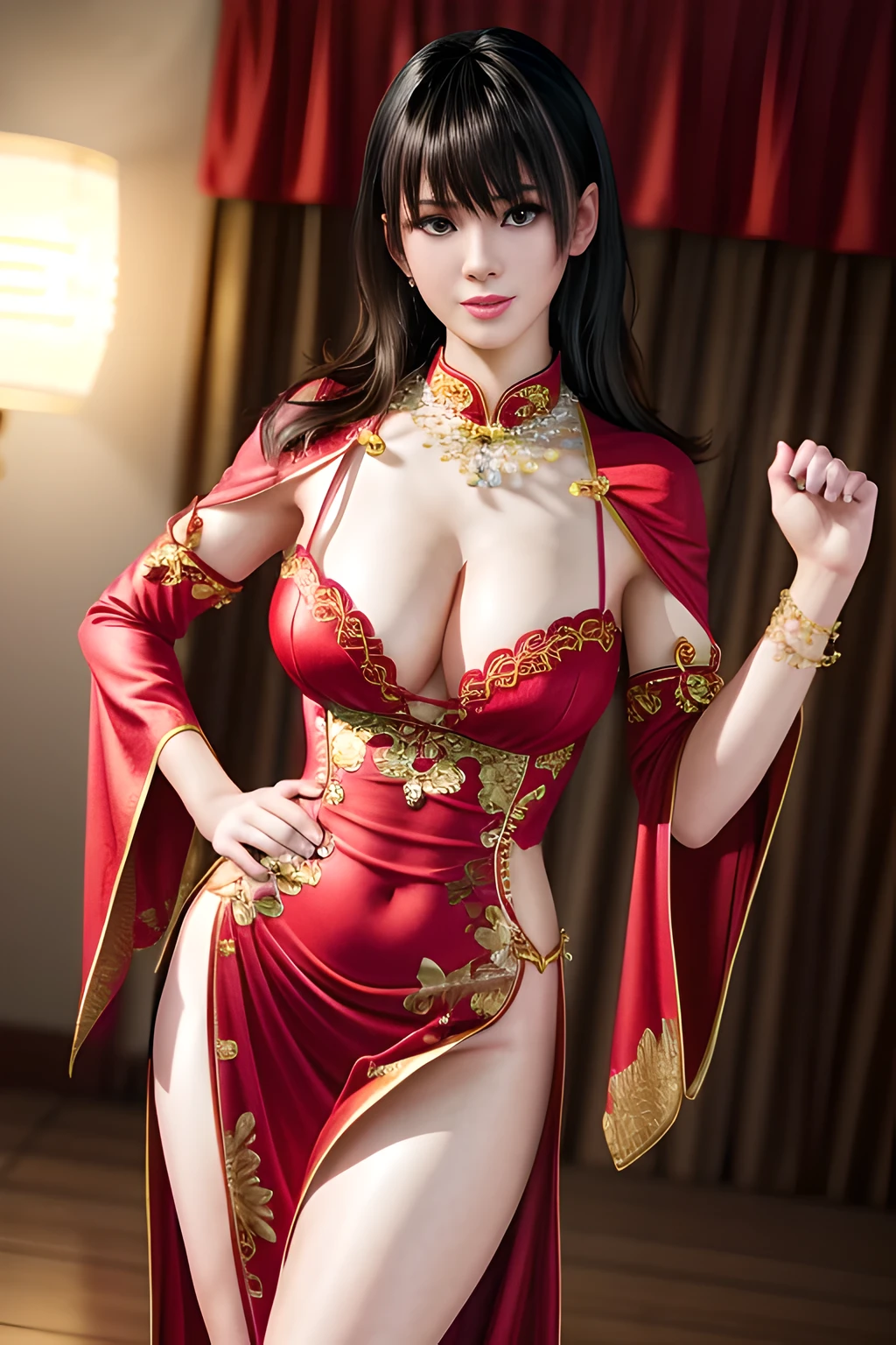 1girl,Nanami,Relax,(Wearing Chinese dress),(In the bridal chamber), (standing,sexy model pose:1.2),Jewelry,slightly parted lips, lewd smile, red lips,huge breasts,Charming cleavage,((8k, RAW photos, top quality, masterpieces), high-definition RAW color photos professional close-up photos), (realistic, photorealism: 1.37), (highest quality), (best shadows), ((erotic, sexy), ultra high resolution, high-definition CG unified 8K wallpapers, physically based rendering, movie lighting),