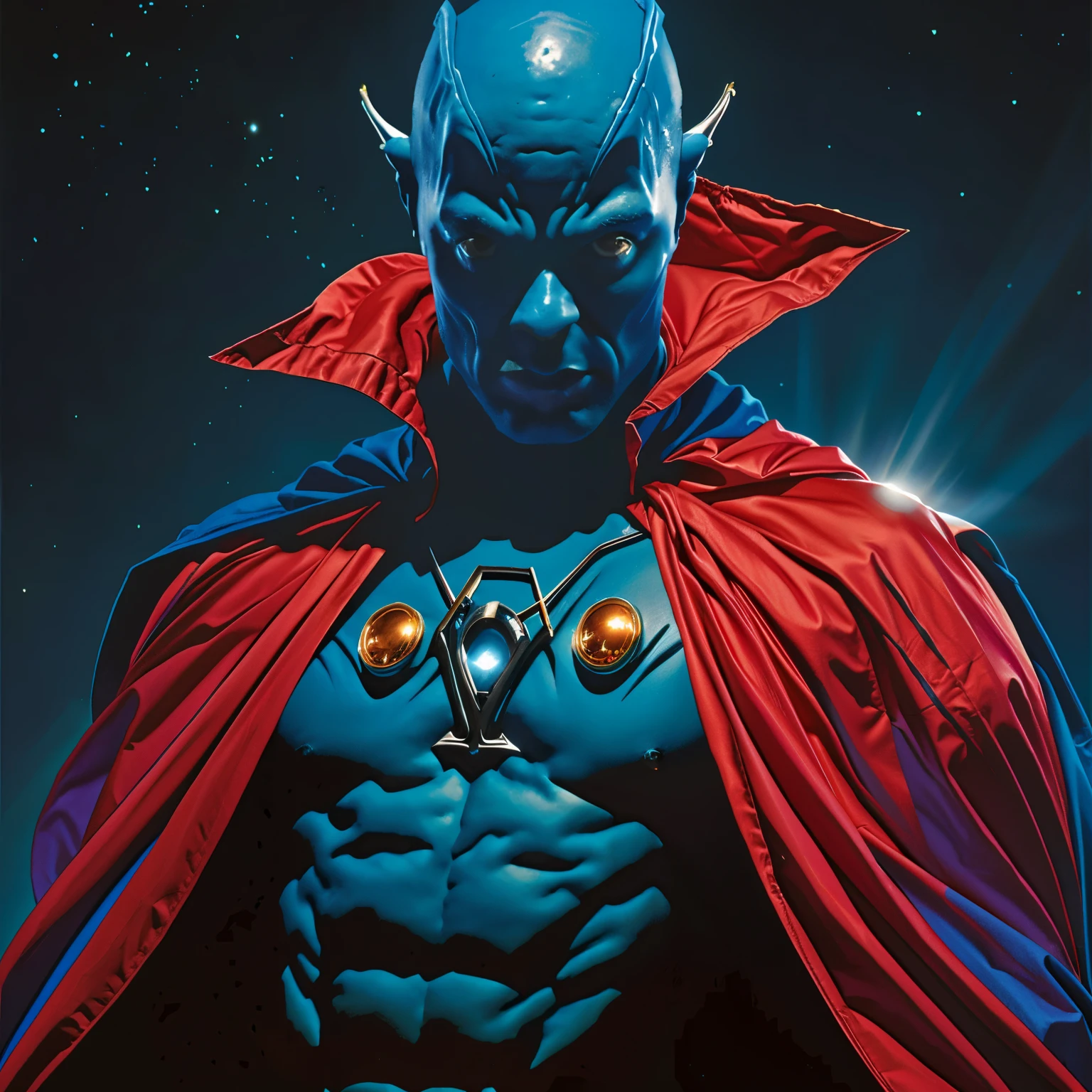 Blue alien superhero with a large cape and a cimbolo of a UFO silhouette on his chest ART by Alex Ross 