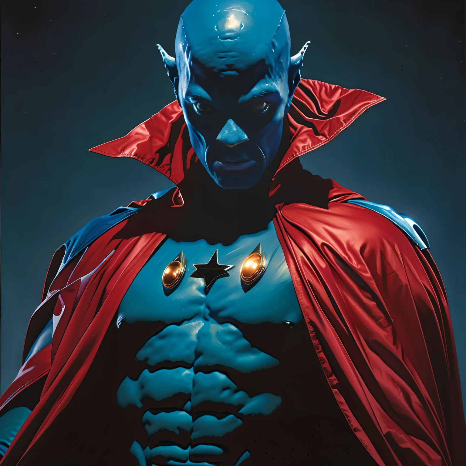 Blue alien superhero with a large cape and a cimbolo of a UFO silhouette on his chest ART by Alex Ross 