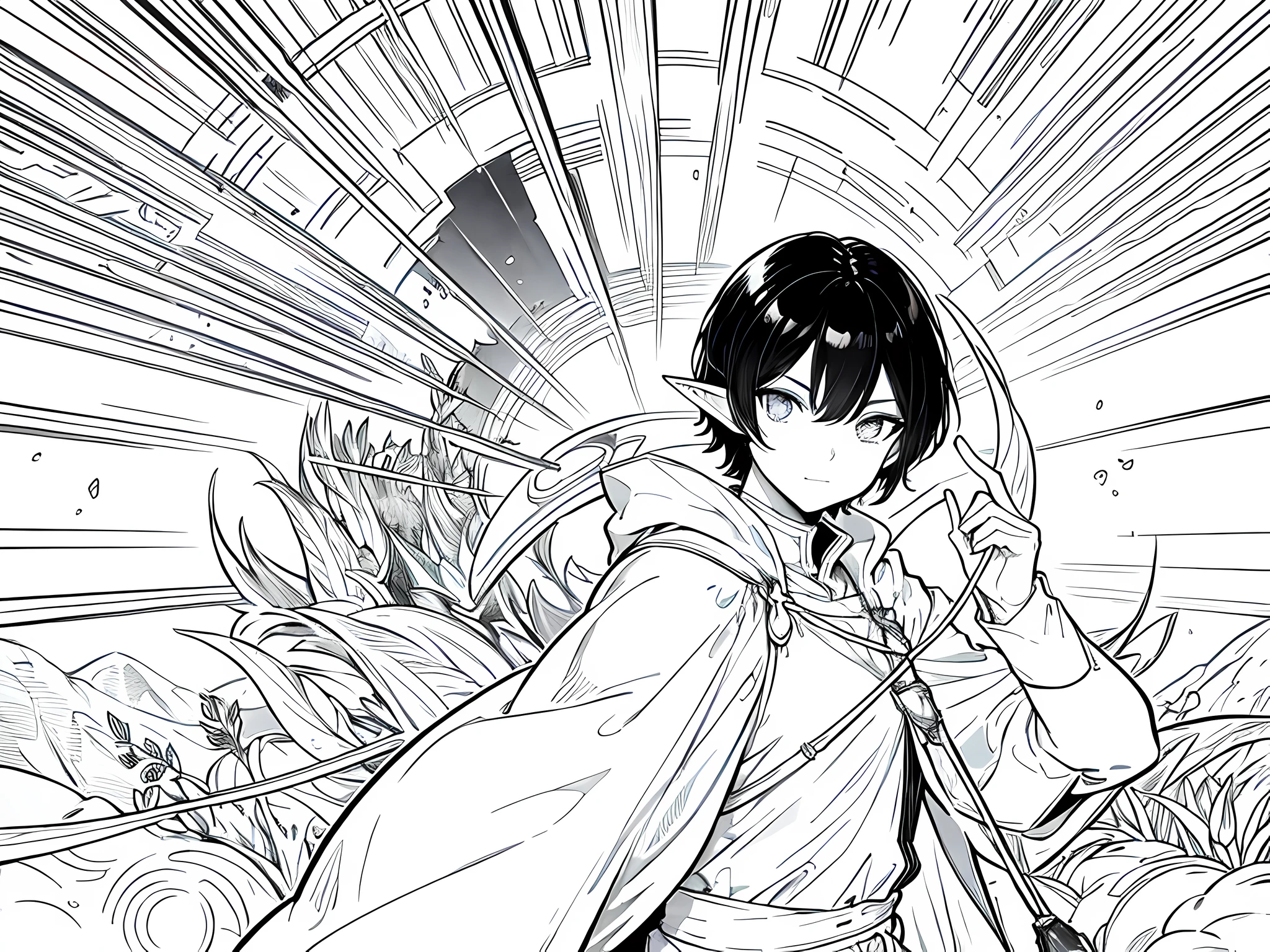 1 elf man with perverted face, happy facial expression, wearing archer outfit, hands up like sequezing something, black hair, short hair, detailed eyes, face to detail, monochrome (clear line, lineart), half-body illustration