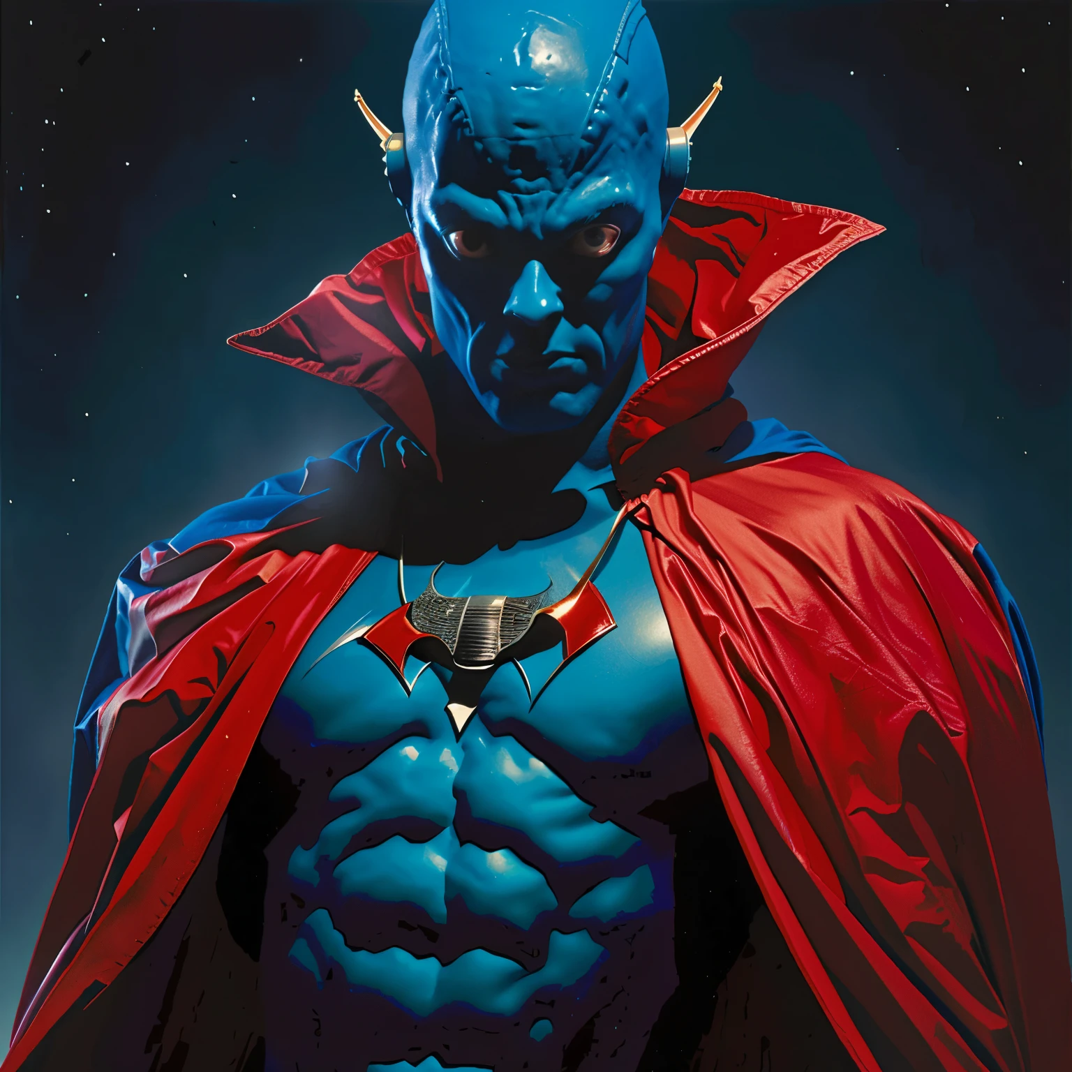 Blue alien superhero with a large cape and a cimbolo of a UFO silhouette on his chest ART by Alex Ross 