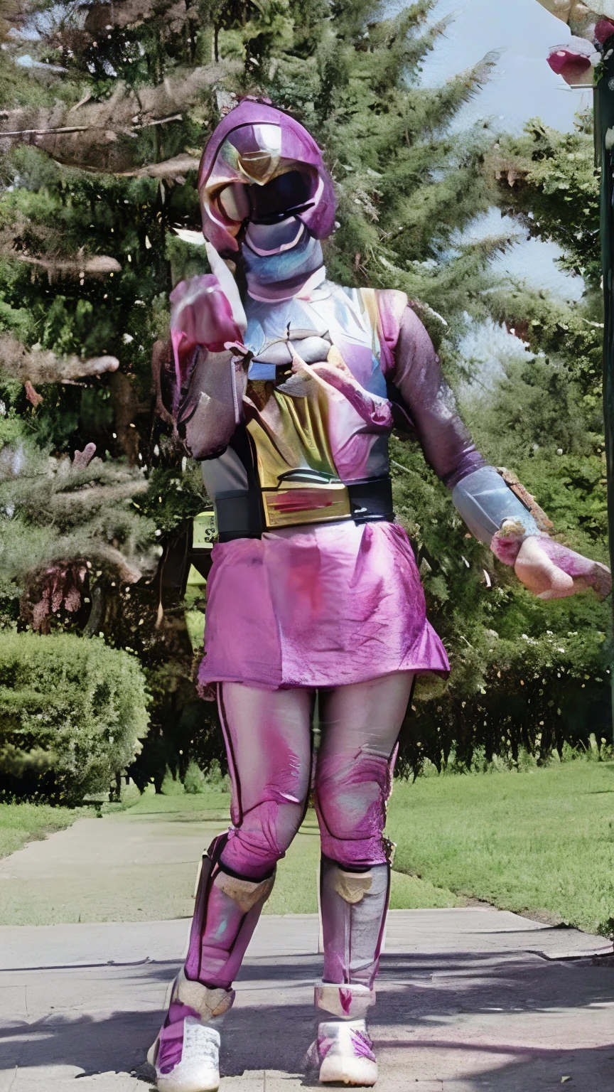 Kamen Rider Shine, pink pop idol motif, set in a city park in the morning.