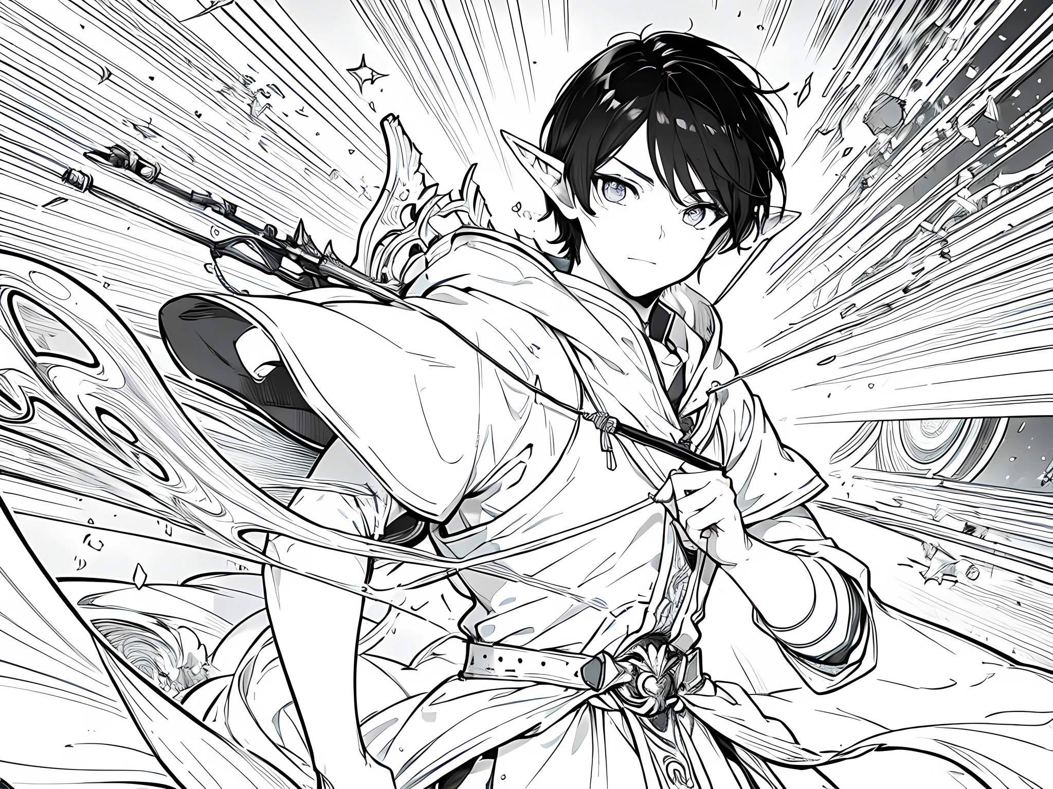 1 elf man with perverted face, happy facial expression, wearing archer outfit, hands up like sequezing something, black hair, short hair, detailed eyes, face to detail, monochrome (clear line, lineart), half-body illustration