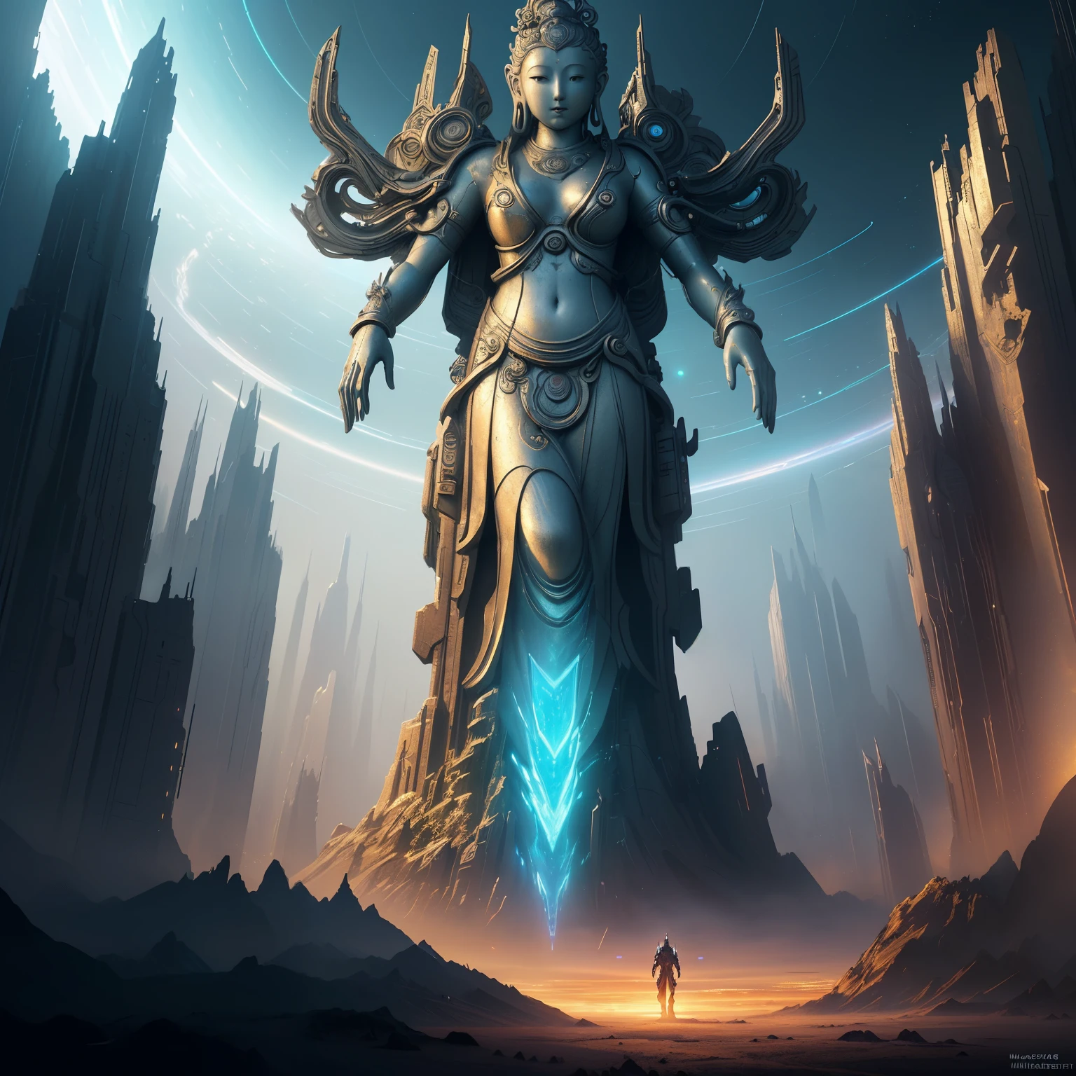 ((top quality, 8k, masterpiece: 1.3))，Thousand handed Avalokitesvara statue，Floating,futuristic city，Time and space concept art，Fantasy sense of future technology，High-tech blue shift rendering，Large scenes，16k resolution concept art，8K resolution concept art，8K concept art，8k high detail concept art，Fantasy sci-fi city，Atmospheric concept art，8K concept art，colorful glare，Metaverse space scene，Lines of light，Dynamic，Beautiful sense of technology，Light painting rendering，nobody
