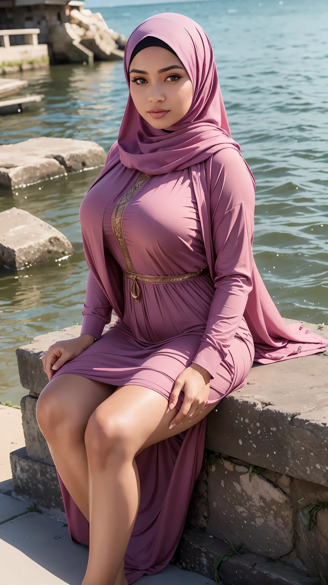 RAW, Best quality, high resolution, masterpiece: 1.3), beautiful Malay woman in hijab, Masterpiece, perfect fit body, big breasts,thick thighs, beautiful big eyes, Soft smile, muslim woman sitting on a wall by the water,wearing a long flowy fabric,long modest flowing gown,long dress sun flowet , hijab, , beautiful girl, near a jetty, beautiful lady, woman model, on a riverbank, casual photography, at the waterside, with lovely look, potrait, beautiful girl, beautiful image, lovely woman, full protrait, beautiful woman, protrait, in lake, serena malyon, casual pose , Great lighting, Bright colors, Ultra realistic clean lines, very realistic