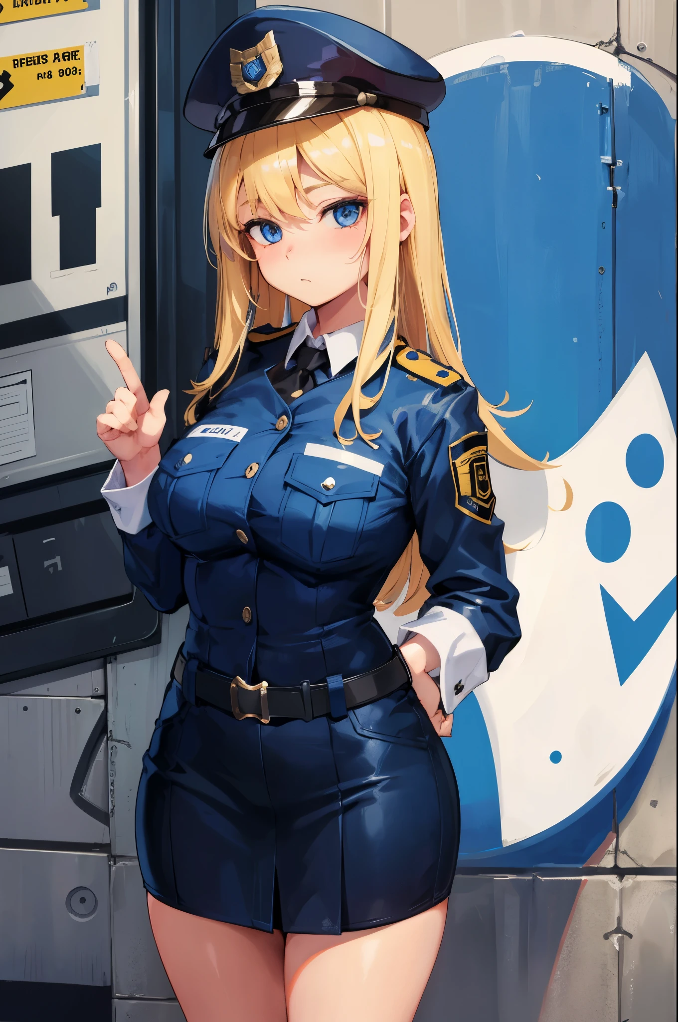 Cute girl, blond hair, blue eyes, cute, 15 years old, police hat, curvy, slim waist, police uniform at work