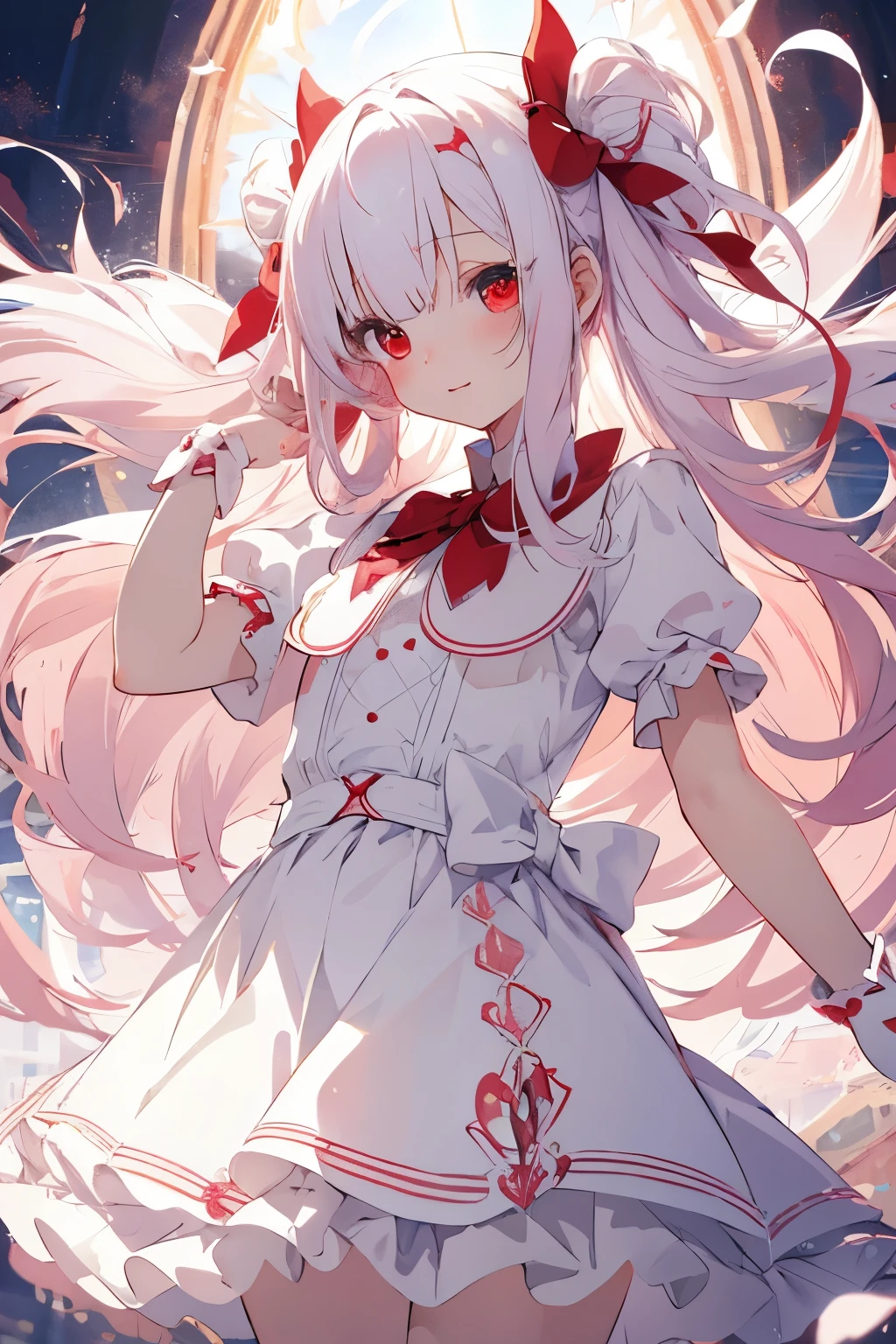beautiful illustration, best quality, cute petit girl, (transform sequence), transform magical girl, chibi, white magical girl, fractal art, albino, babyface, long pure white and red mesh hair, beautiful detailed red eyes, cinematic lighting, cowboy shot, looking at viewer, from bottom, happy