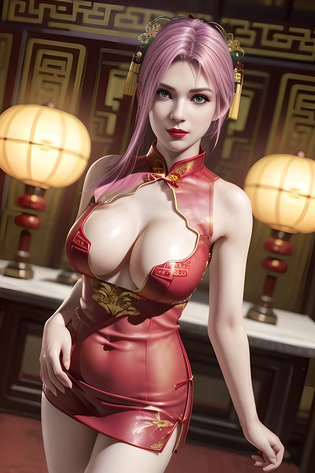 1girl,Elise,Relax,(Wearing Chinese cheongsam:1.4),(In the bridal chamber), (standing,sexy model pose:1.2),jewelry,grace,(((red-lips))), slightly parted lips, lewd smile,  clavicle,(huge breasts),Charming cleavage,((8k, RAW photos, top quality, masterpieces), high-definition RAW color photos professional close-up photos, (realistic, photorealism: 1.37), (highest quality), (best shadows),  ((erotic, sexy, ultra high resolution, high-definition CG unified 8K wallpapers, physically based rendering, movie lighting),solo,