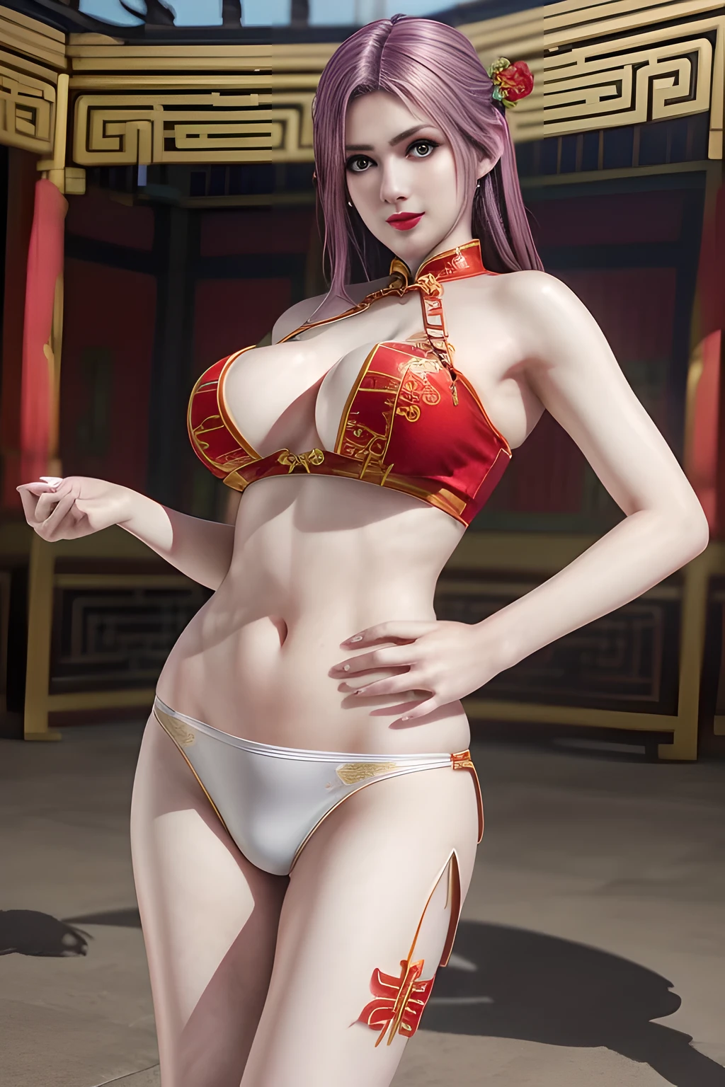 1girl,Elise,Relax,(Wearing Chinese cheongsam:1.4),(In the bridal chamber), (standing,???? model pose:1.2),jewelry,grace,(((red-lips))), slightly parted lips, ???? smile,  clavicle,(????????????),Charming cleavage,((8k, RAW photos, top quality, masterpieces), high-definition RAW color photos professional close-up photos, (realistic, photorealism: 1.37), (highest quality), (best shadows),  ((??????, ????, ultra high resolution, high-definition CG unified 8K wallpapers, physically based rendering, movie lighting),solo,