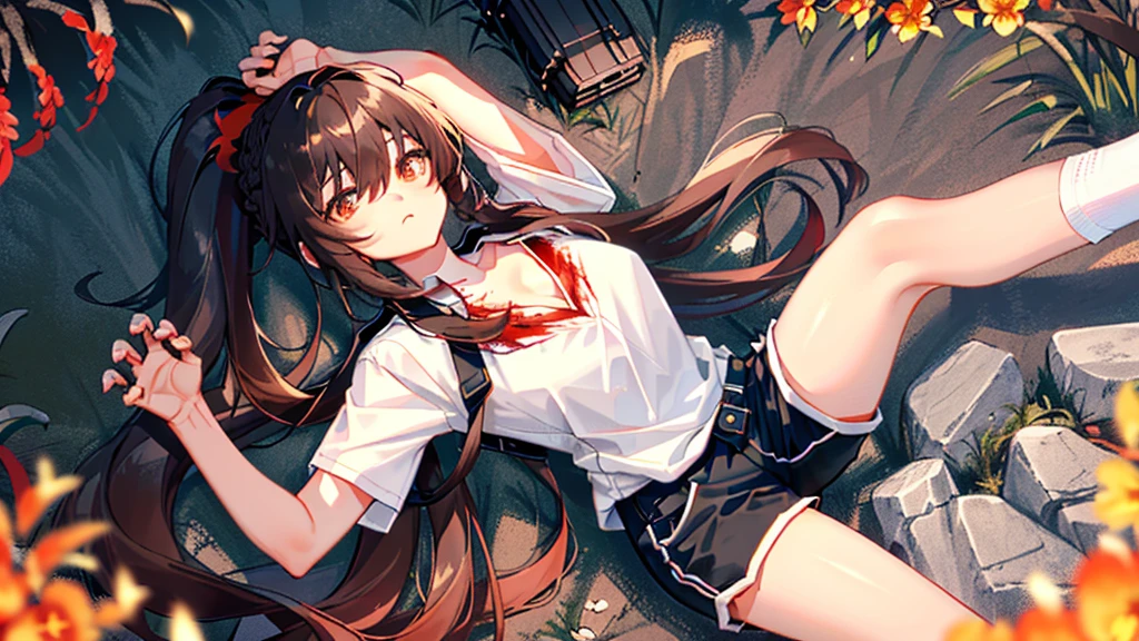 one-girl,Pink Long Hair,Wear JK,full bodyesbian,show legs,Legs straight,flatchest,Killed,This is a corpse,Close your eyes,blood vess,Scarred,Take a sword and stick it in your stomach,There are a lot of needles stuck in the stomach,The mouth was full of blood,Hit by a bullet in the chest,Leave bullet holes,Blood flows out,Body decay,There are flies around,lies on the ground,His face was covered in blood,she is covered in blood,There were blood splatters everywhere,Her clothes were stained with blood,Red smooth floor,In the daytime