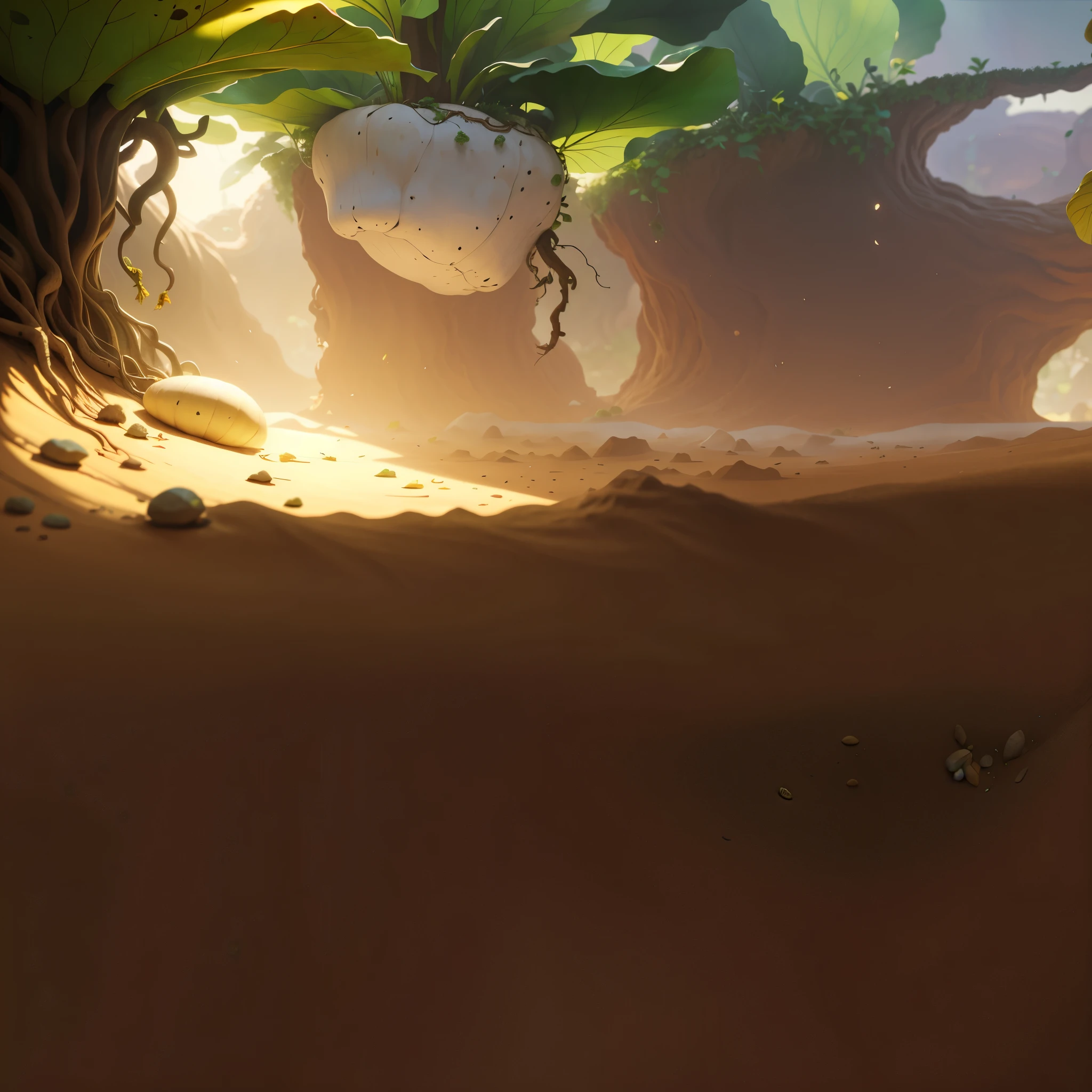 Realistic,Microcosm,big leafs,root system,earthy,earthy地面。