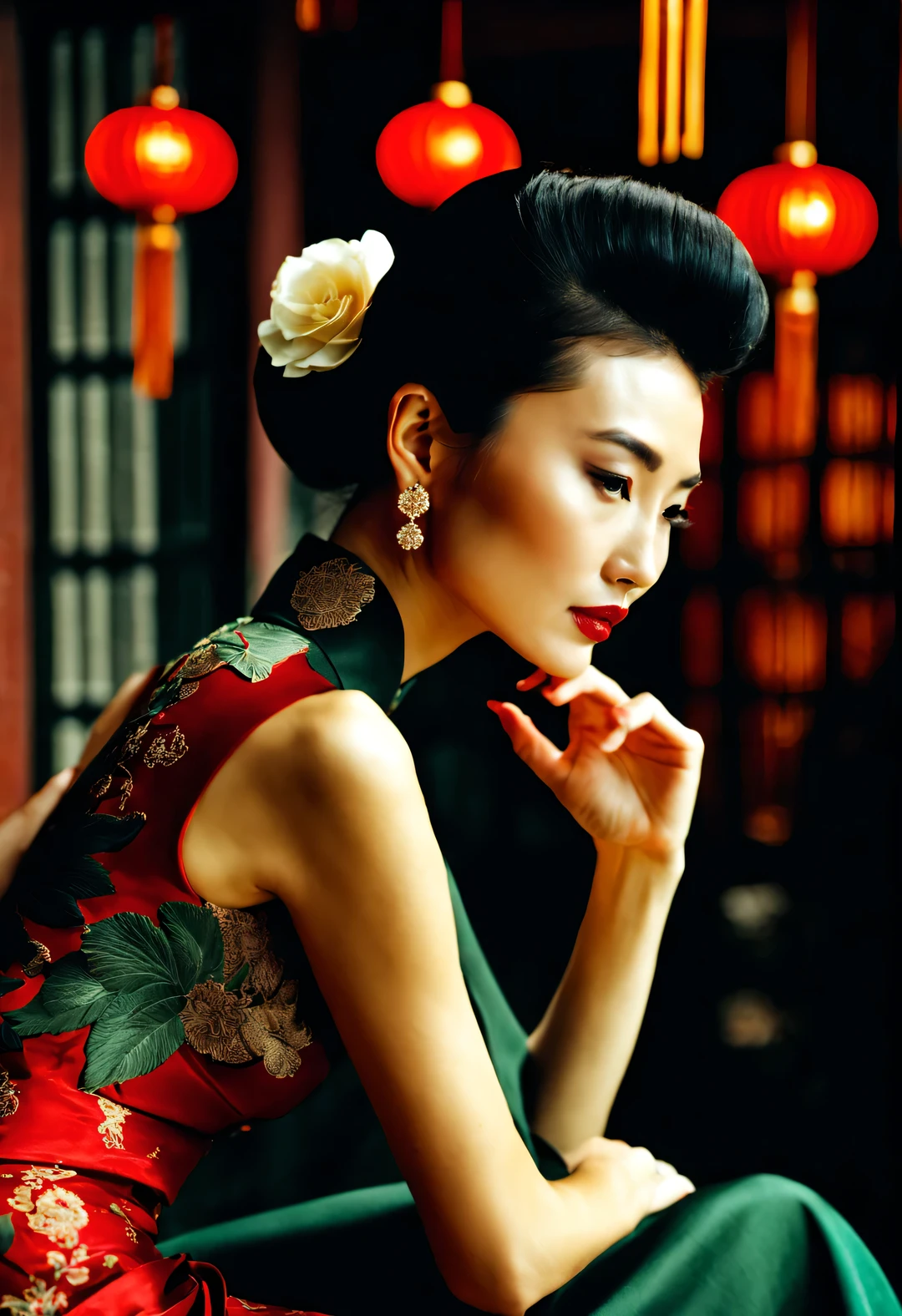 （In the 1940s, a fashionable Shanghai beauty wearing a Chinese cheongsam stood with her face facing the wall and her whole body meditating.），（Slender and graceful figure from the side of the whole body）），Beautiful decadent temperament，（Fashionable high bun in Shanghai during the period），The cheongsam grows with the body，（Looks like actress Maggie Cheung），The image is influenced by the style of the 1950s，（Wong Kar-wai""），Her whole body is a combination of dark red and dark green，She is a sexy and intellectual beauty，retro style photos，The eyes are like silk，This photo has a retro color aesthetic，In the summer，An ingenious combination of beautiful and luxurious night scenes and light and shadow，and narrative shooting techniques，The woman in the photo is wearing a cheongsam with a high collar，Very similar to the beautiful girl Maggie Cheung，The pattern of Chinese cheongsam is Suzhou embroidery hand-carved with roses，Earrings to express your personality，Shoes and bags match the overall design，The style of this photo is similar to Hermè&#39;s，