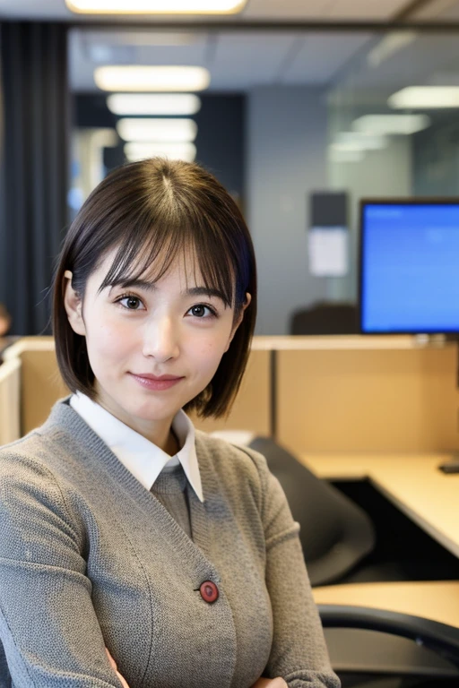 (8k, best quality, masterpiece:1.2), (realistic, photo-realistic:1.37), ultra-detailed, 1 girl,cute, solo,beautiful detailed sky,detailed office,night,sitting,(nose blush),(smile:1.15),(closed mouth) , medium breasts,beautiful detailed eyes,(collared shirt:1.1), night, wet,business attire, rain, (short hair:1.2), pureerosface_v1, computer, detail finger, beautiful detailed face,