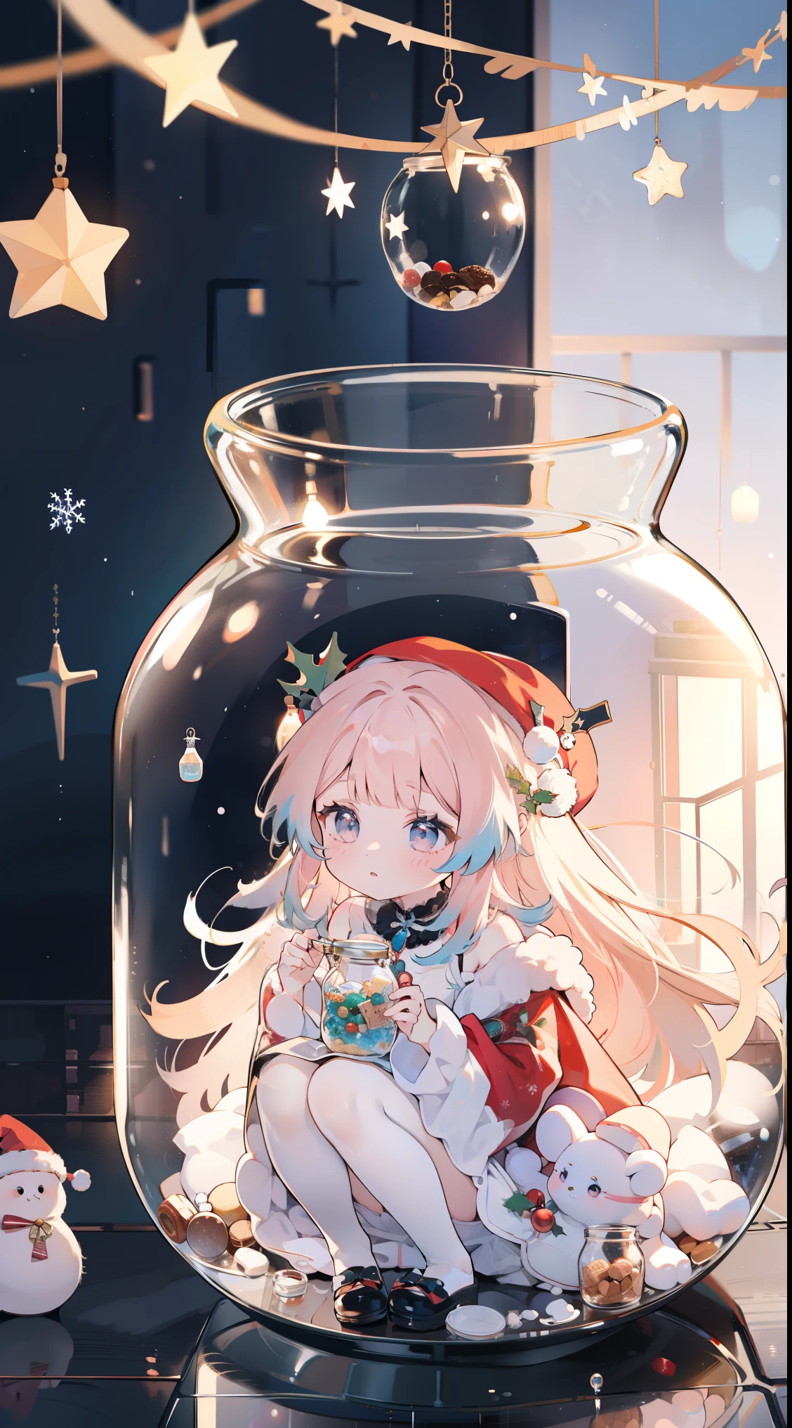 (((((inside jar))))))、one-girl、(((Packed in jars)))、adolable、small, adolable的小、Christmas atmosphere,, Christmas hats, Confectionery, gifts, A piece of, Gradient hair,