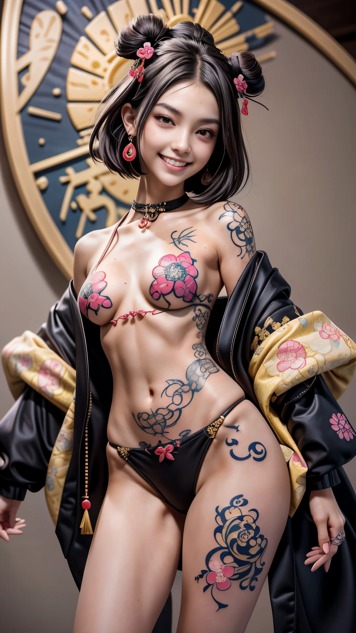 A beautiful 18 year old girl，Enthusiastic and lively，Dark brown short hair。breast enlargement，Small waist，slim body。toothy smile, (Capturing the alluring look of a beauty with Ukiyo-e tattoos。Their uniqueness and beauty seem to spill out of their photos。