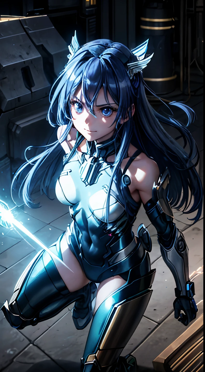 top-quality、​masterpiece、超A high resolution、(Photorealsitic:1.4)、***1人、blue hair、Straight hair, shiny and clean hair、White shiny skin、Sexy Cyberpunk Girl、((super realistic details))、Shadow、octan render、ultrasharp、hyperdetailed face、Fiberglass、Luminous tube、highly intricate detail、Realistic light、CGSoation Trends、(blue eyes with slit pupils)、(Facing the camera)、neon details、Mechanical limbs、Mechanical vertebrae attached to the back、mechanical cervical attaching to neck、Wires and cables connecting to the head、((valkyrie))、((Beam Cannon))、Combat stance、((seductive pose:0.8))、(light_Smile:1.0)、full body、