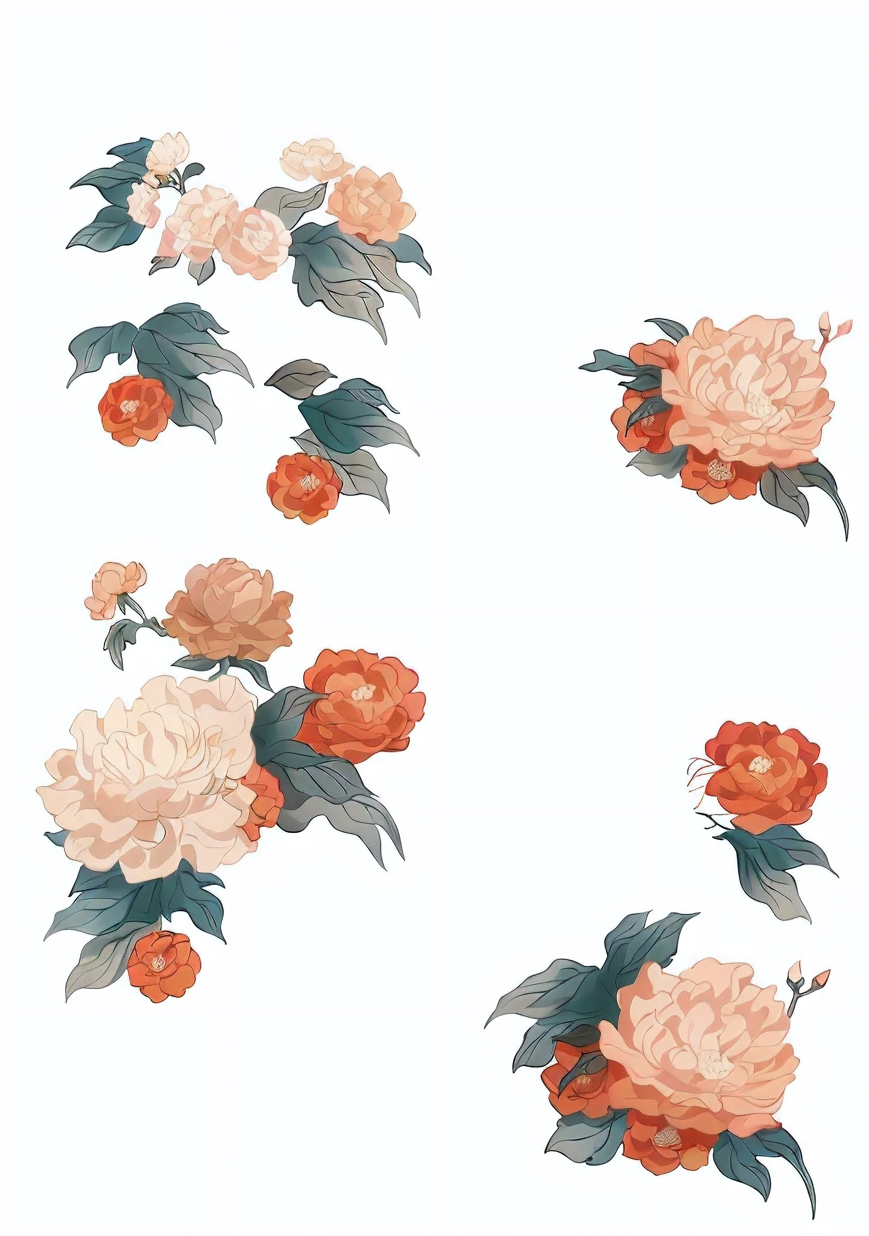 Chinese peony flower， Digital art on pixiv, over detailed art, A beautiful artistic illustration, Small cherry blossoms，small camellia，natural light，Master light and shadow effects