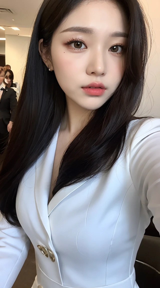 (Best quality, 8K, masterpiece:1.3)) , (one person: 1.4), 1girl, a Korean woman, a goddess, 30 years old, realism, costume photography, dim background, God's perspective, portrait photography, Canon DSLR, focusing aperture F.2, focal length 85mm, upper body, pose photo in a dress, dress color random, long black hair, double eyelids, black eyes, details, long eyelashes, snow-white skin, fine skin texture, (face close-up), bozi style dress, bozi style cut, dress, long skirt, suit skirt, business wear, business skirt, business skirt, detailed dress details, detailed fabric texture