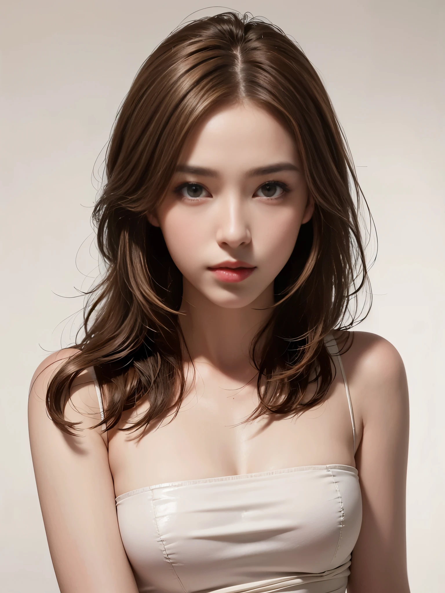 8k, 30 years old, View viewer, (((Attractive face)), Beautiful chiffon clothes, Ultra high quality, (Body from waist up)), Photo realistic, Beautiful face and eyes in every detail, (chestnut hair),One piece, (White marble background), Top quality, Very delicate and beautiful, High quality, Real, Fantasy, Real skin, Full color, Top quality, Very delicate and beautiful, Raw Photo Details, Professional Photography, Solo, Beautiful Lips, Top Quality, Real Skin, Full Color, Raw Photo Details, Realistic Photo